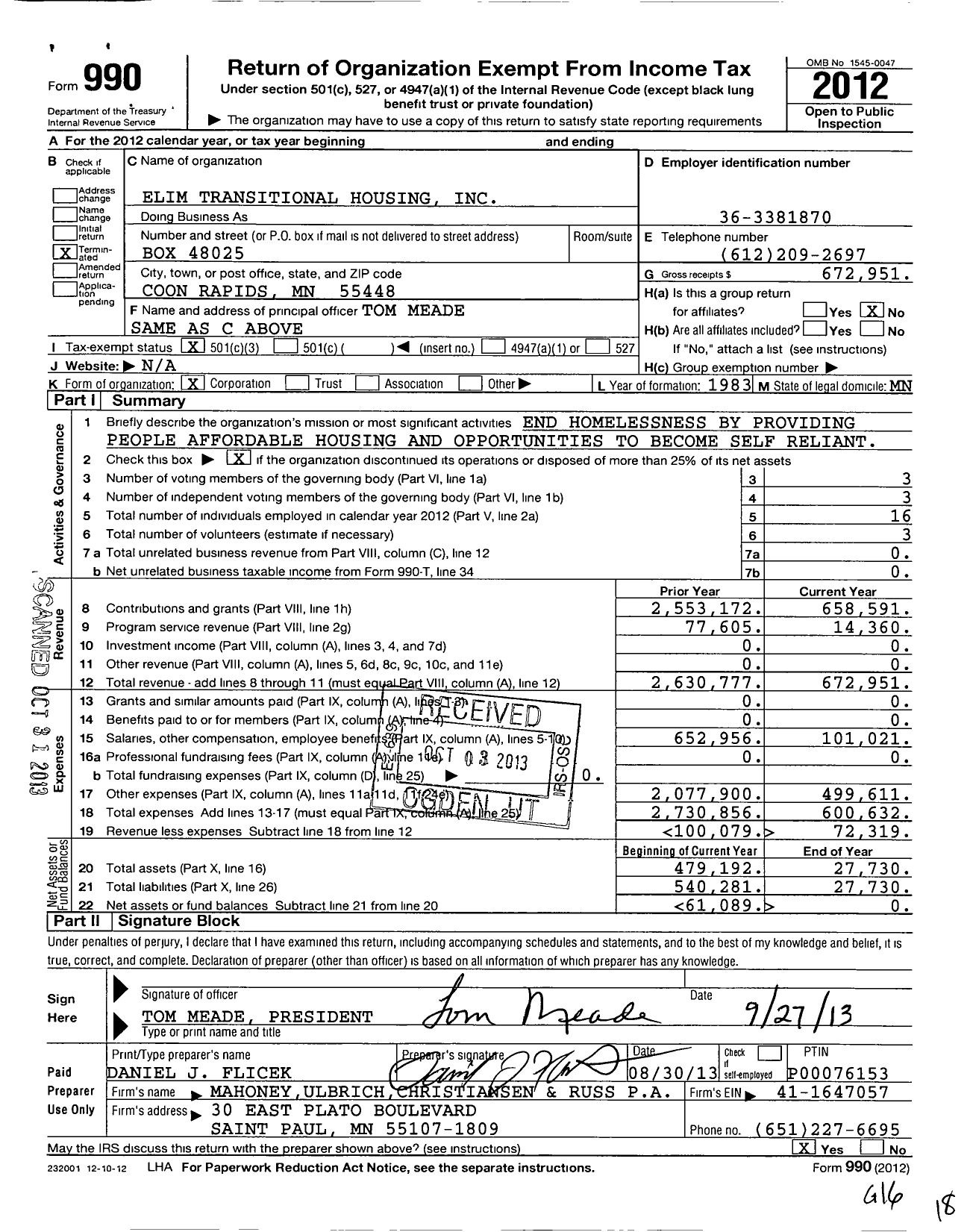 Image of first page of 2012 Form 990 for Elim Transitional Housing