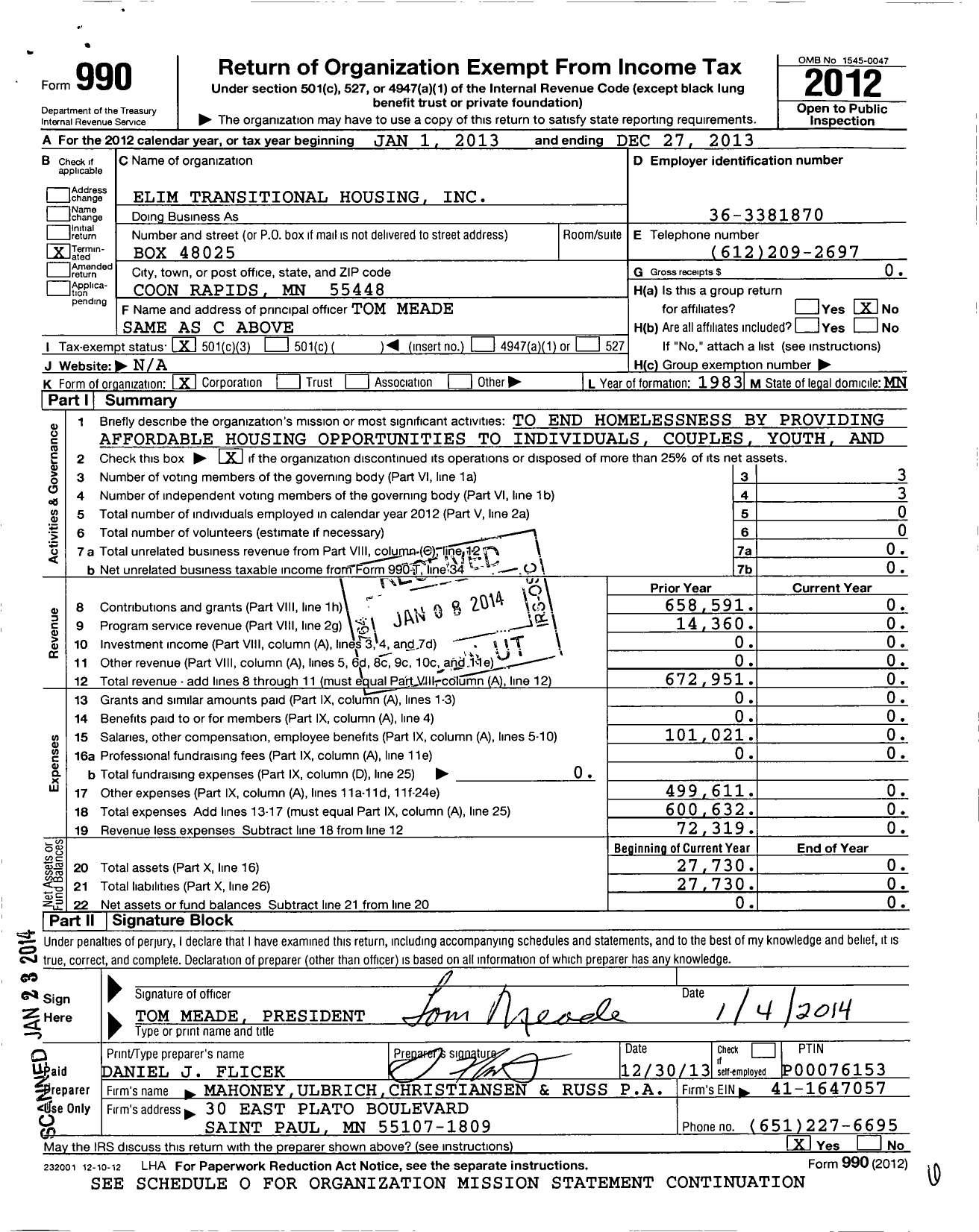 Image of first page of 2013 Form 990 for Elim Transitional Housing