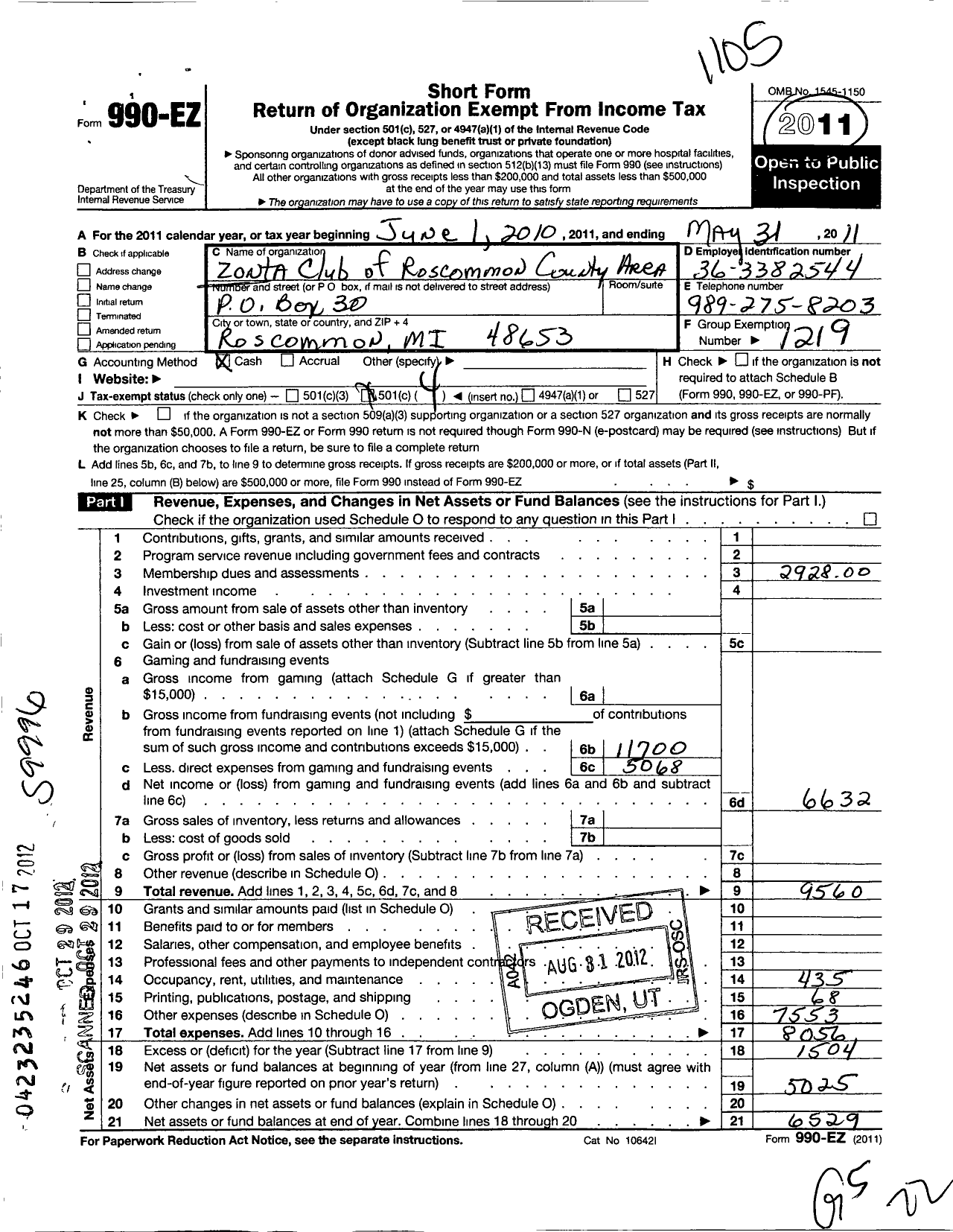 Image of first page of 2010 Form 990EO for Zonta International / Roscommon County Area