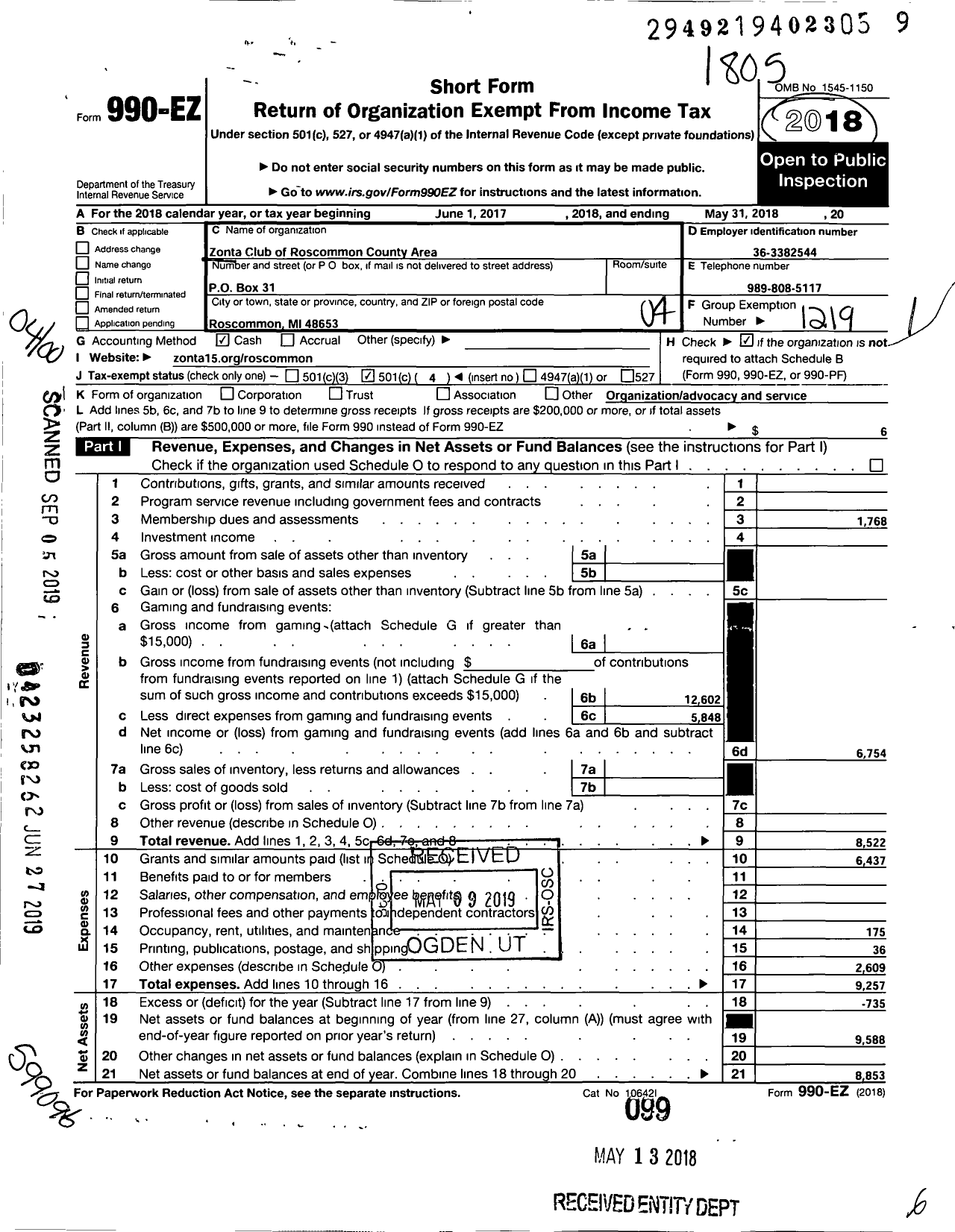 Image of first page of 2017 Form 990EO for Zonta International / Roscommon County Area