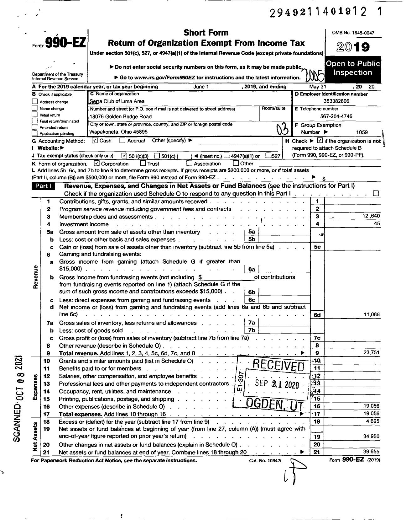 Image of first page of 2019 Form 990EZ for Serra International / Serra Club of Lima Area