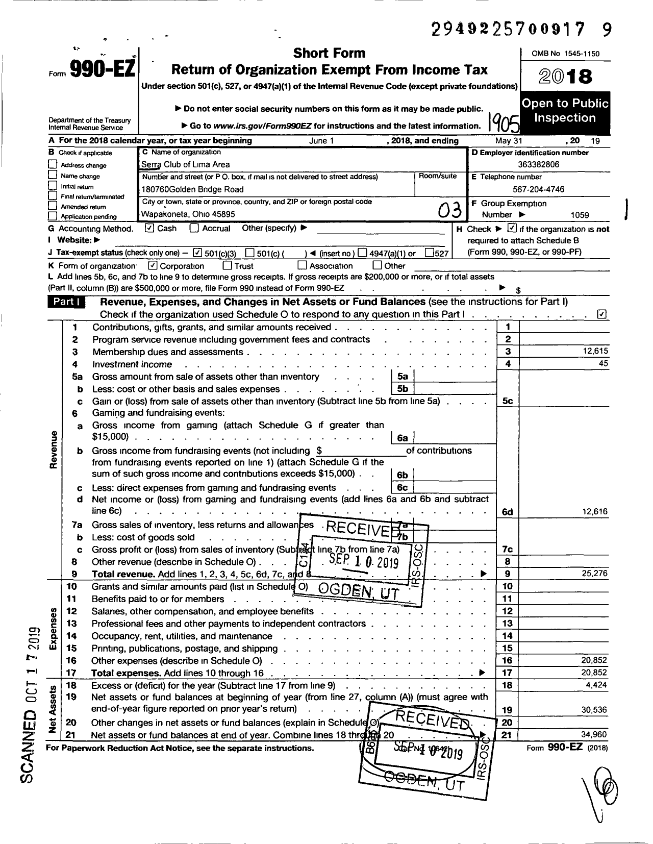 Image of first page of 2018 Form 990EZ for Serra International / Serra Club of Lima Area