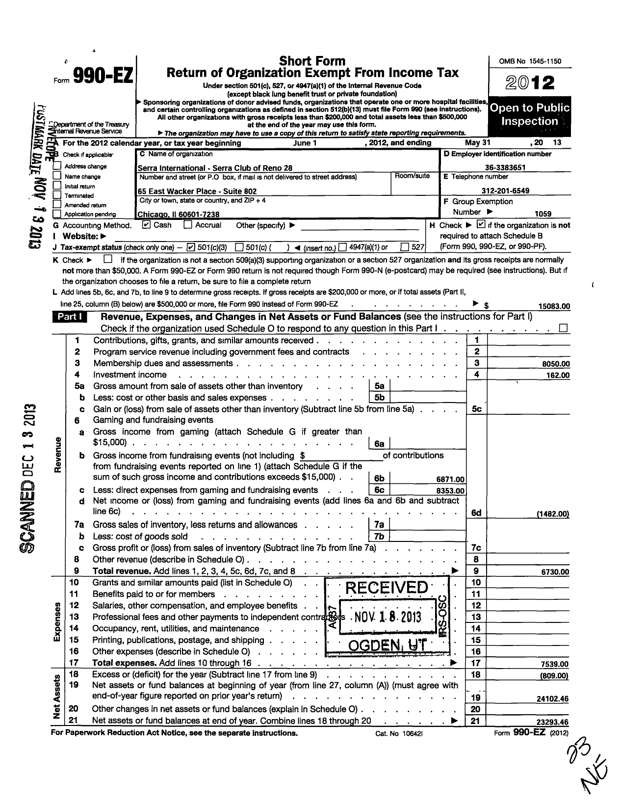 Image of first page of 2012 Form 990EZ for Serra International - 28 Serra Club of Reno