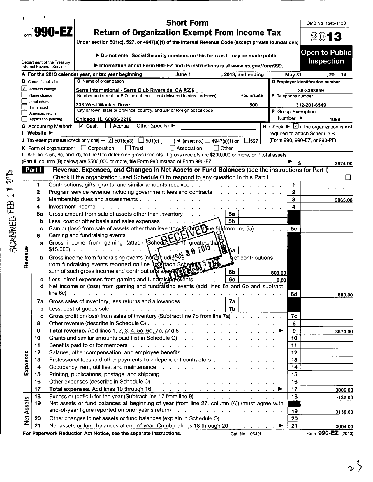 Image of first page of 2013 Form 990EZ for Serra International - 556 Riverside Serra Club