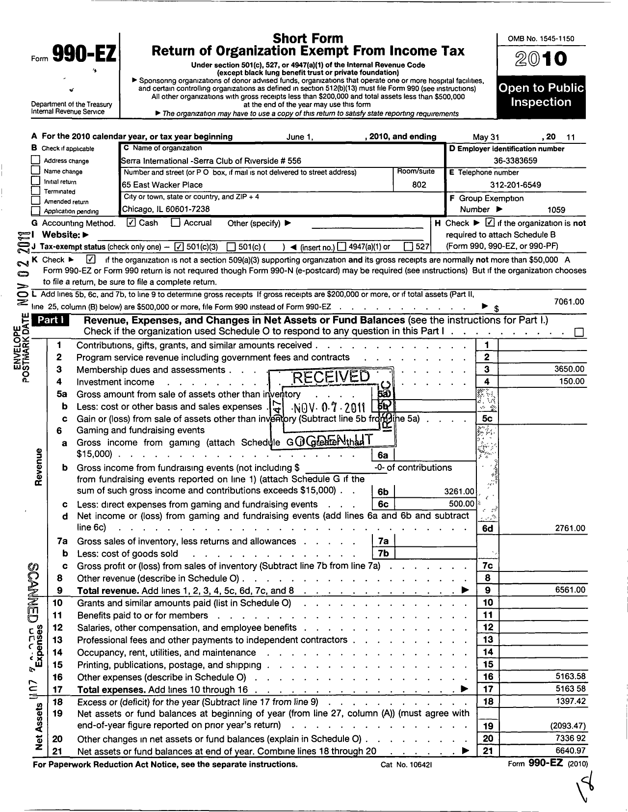 Image of first page of 2010 Form 990EZ for Serra International - 556 Riverside Serra Club