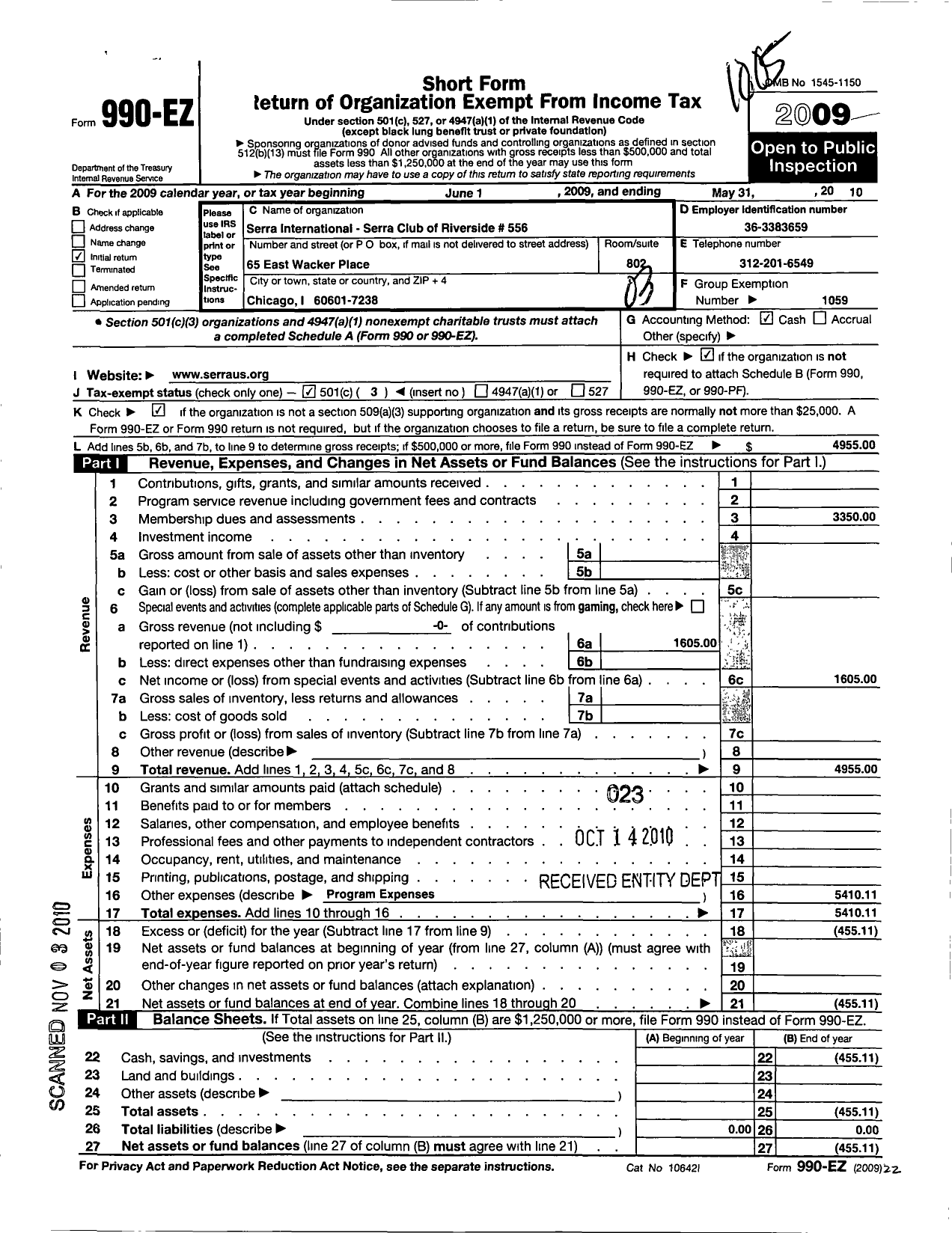 Image of first page of 2009 Form 990EZ for Serra International - 556 Riverside Serra Club