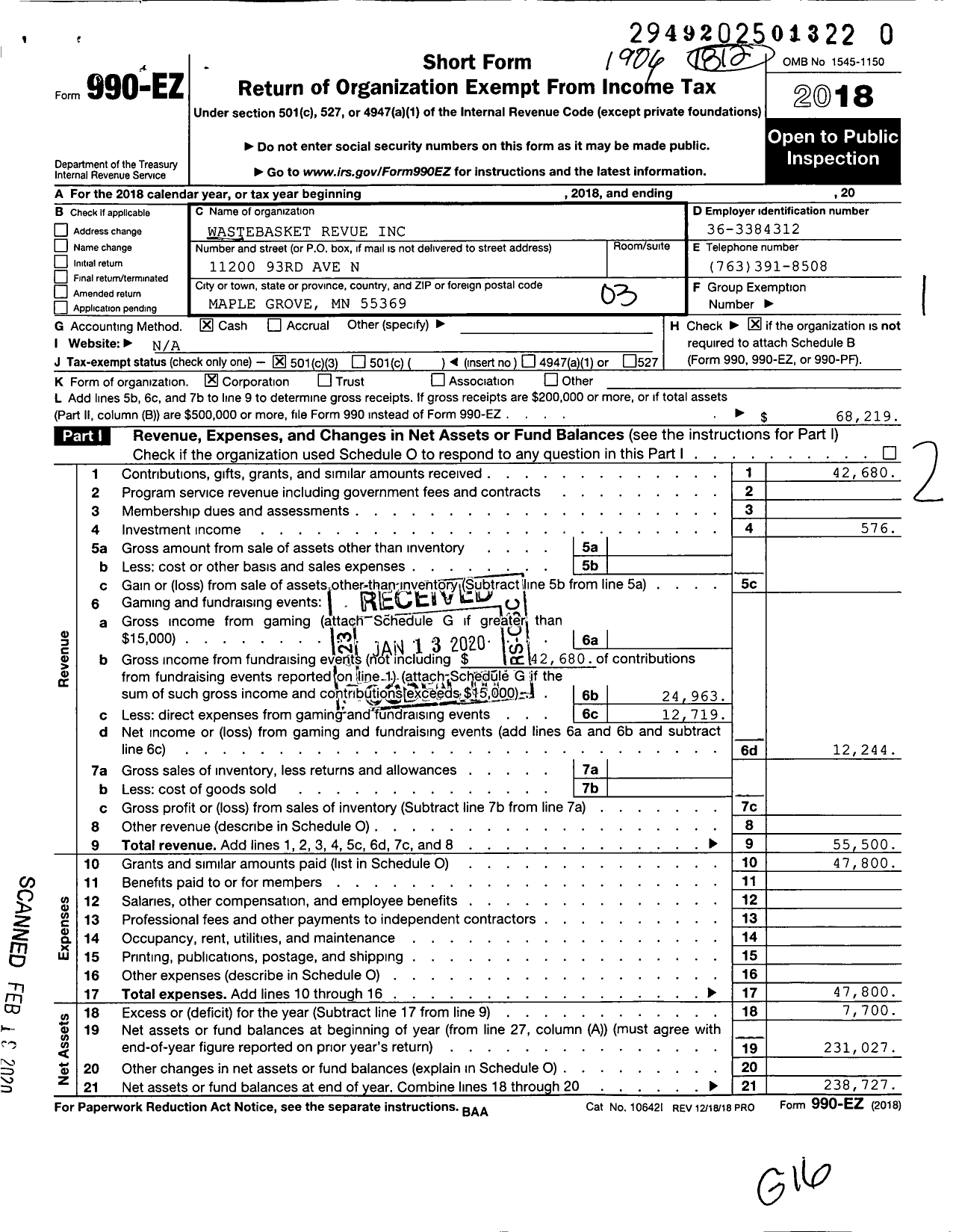 Image of first page of 2018 Form 990EZ for Wastebasket Revue