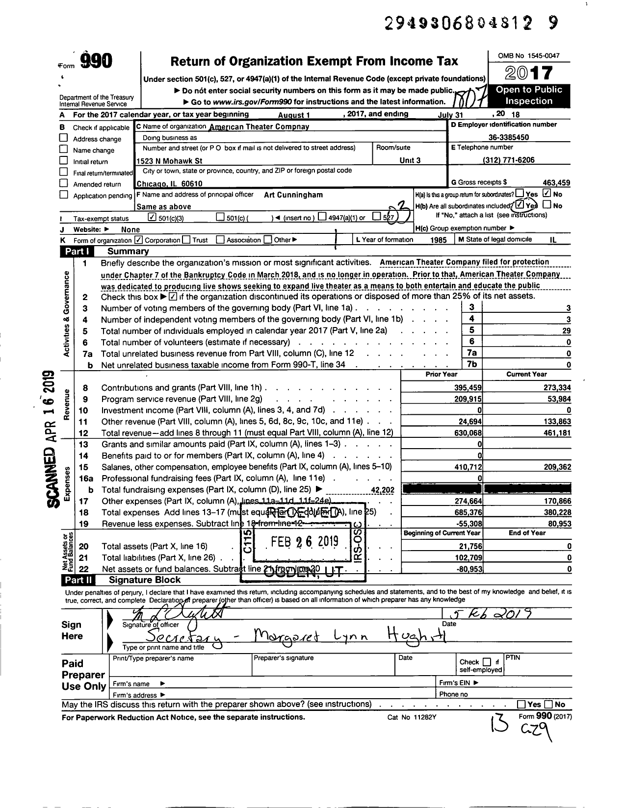 Image of first page of 2017 Form 990 for American Theater Company