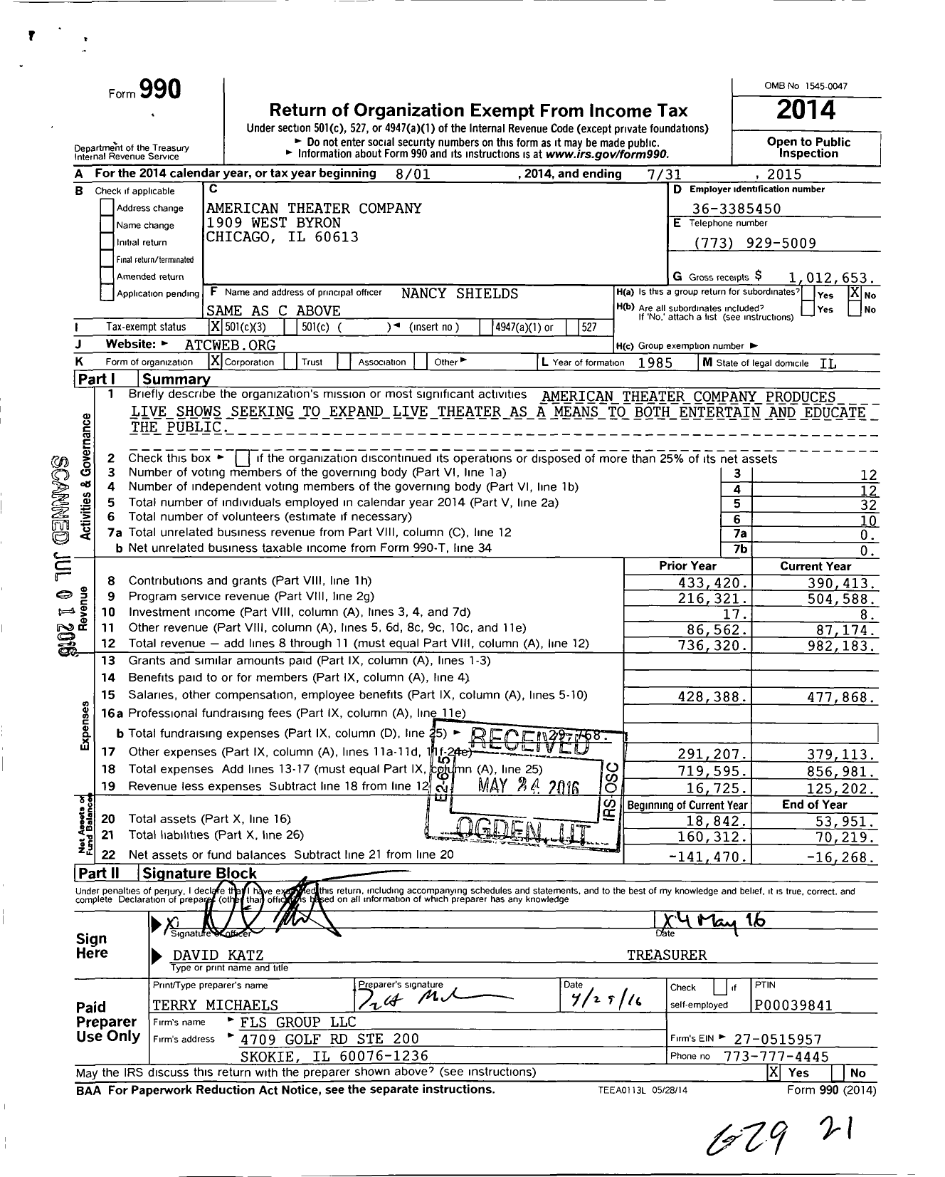 Image of first page of 2014 Form 990 for American Theater Company