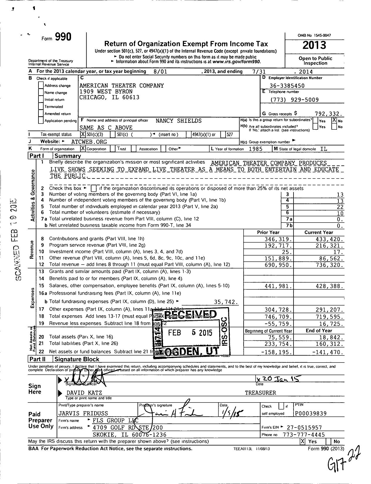 Image of first page of 2013 Form 990 for American Theater Company