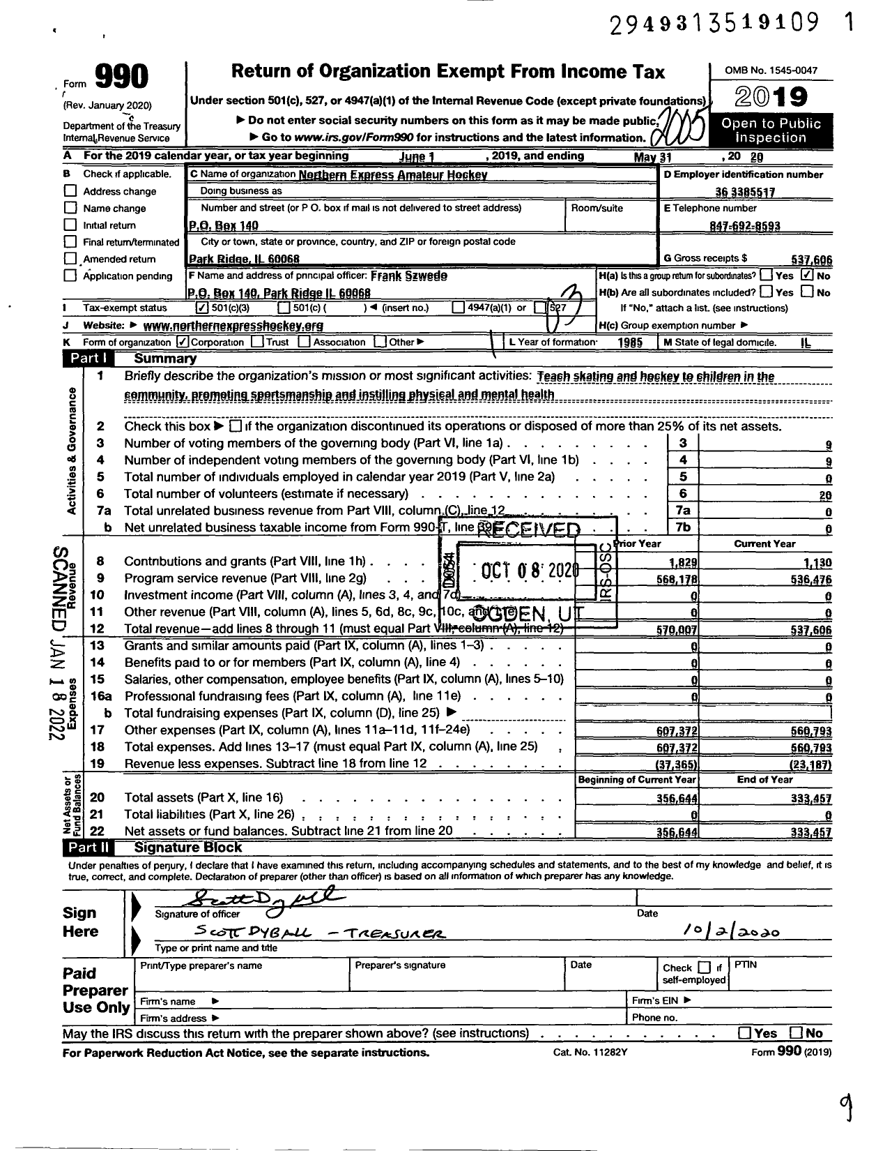 Image of first page of 2019 Form 990 for Northern Express Amateur Hockey