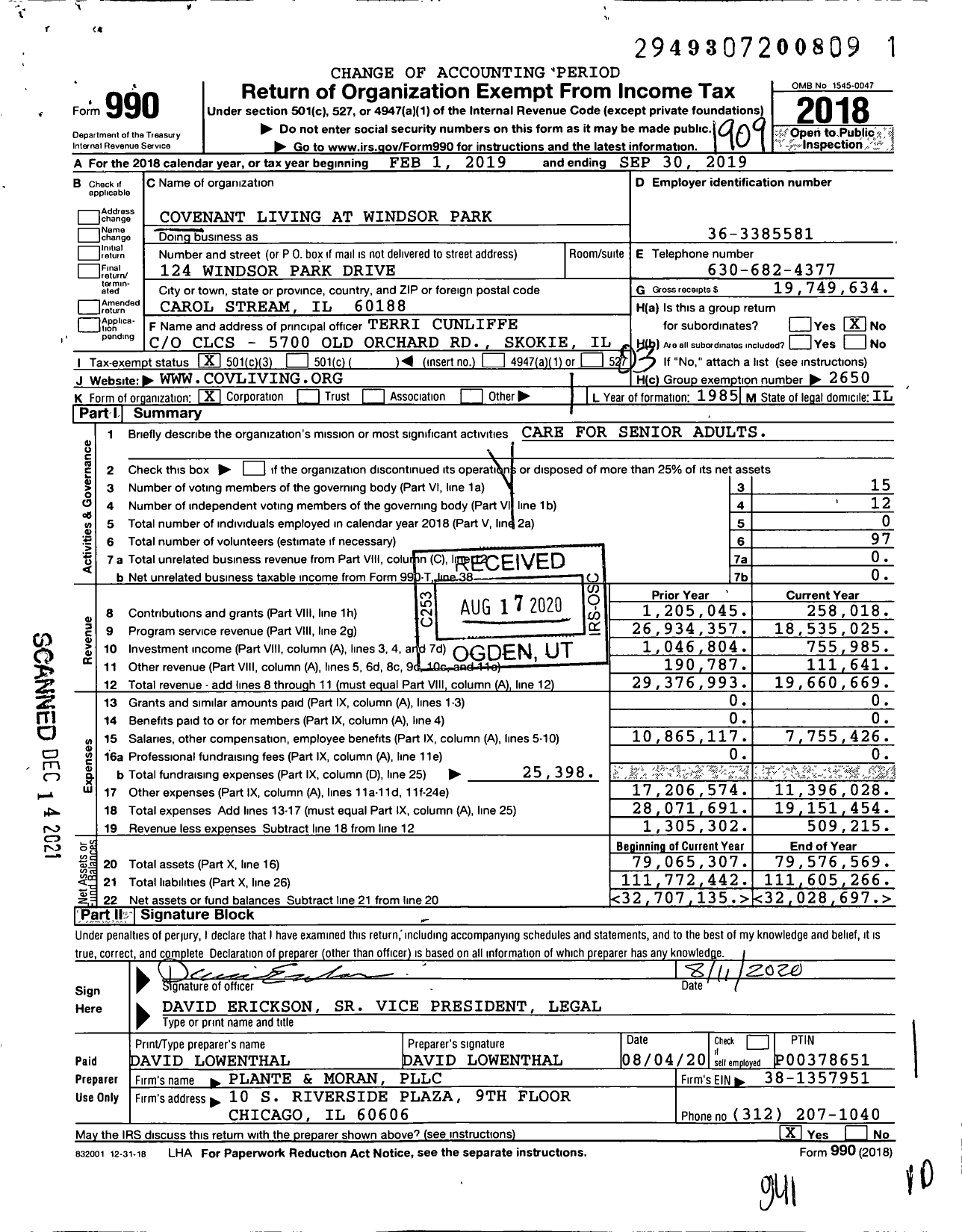 Image of first page of 2018 Form 990 for Covenant Living at Windsor Park