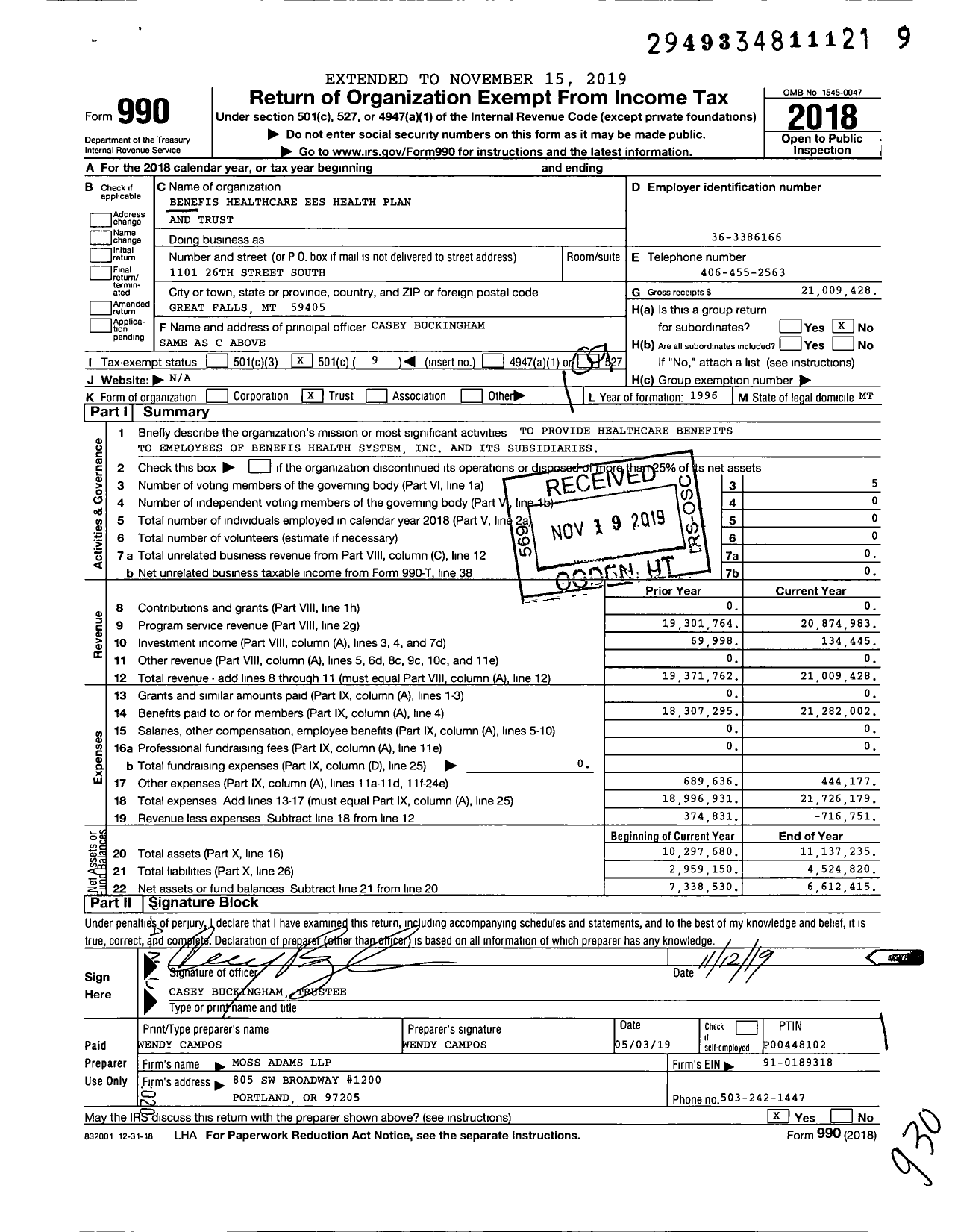 Image of first page of 2018 Form 990O for Benefis Healthcare Ees Health Plan and Trust