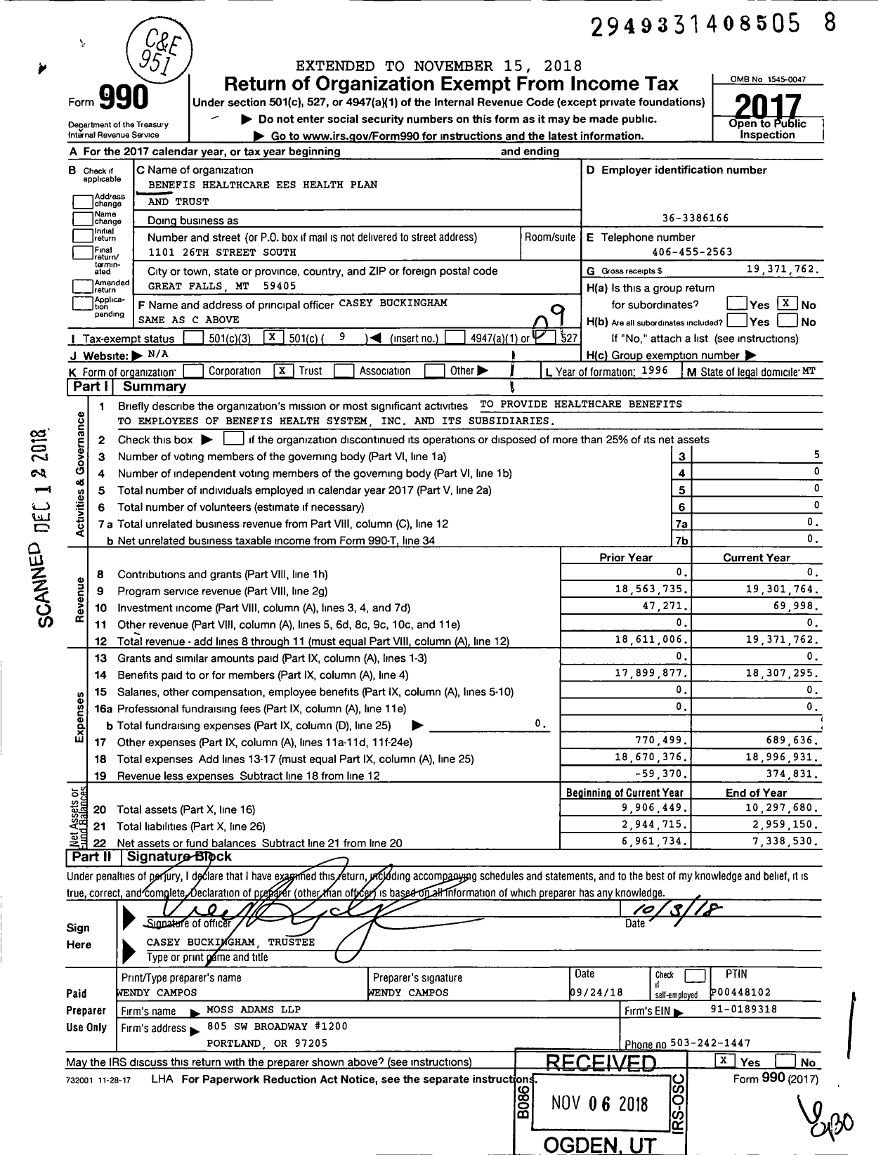 Image of first page of 2017 Form 990O for Benefis Healthcare Ees Health Plan and Trust
