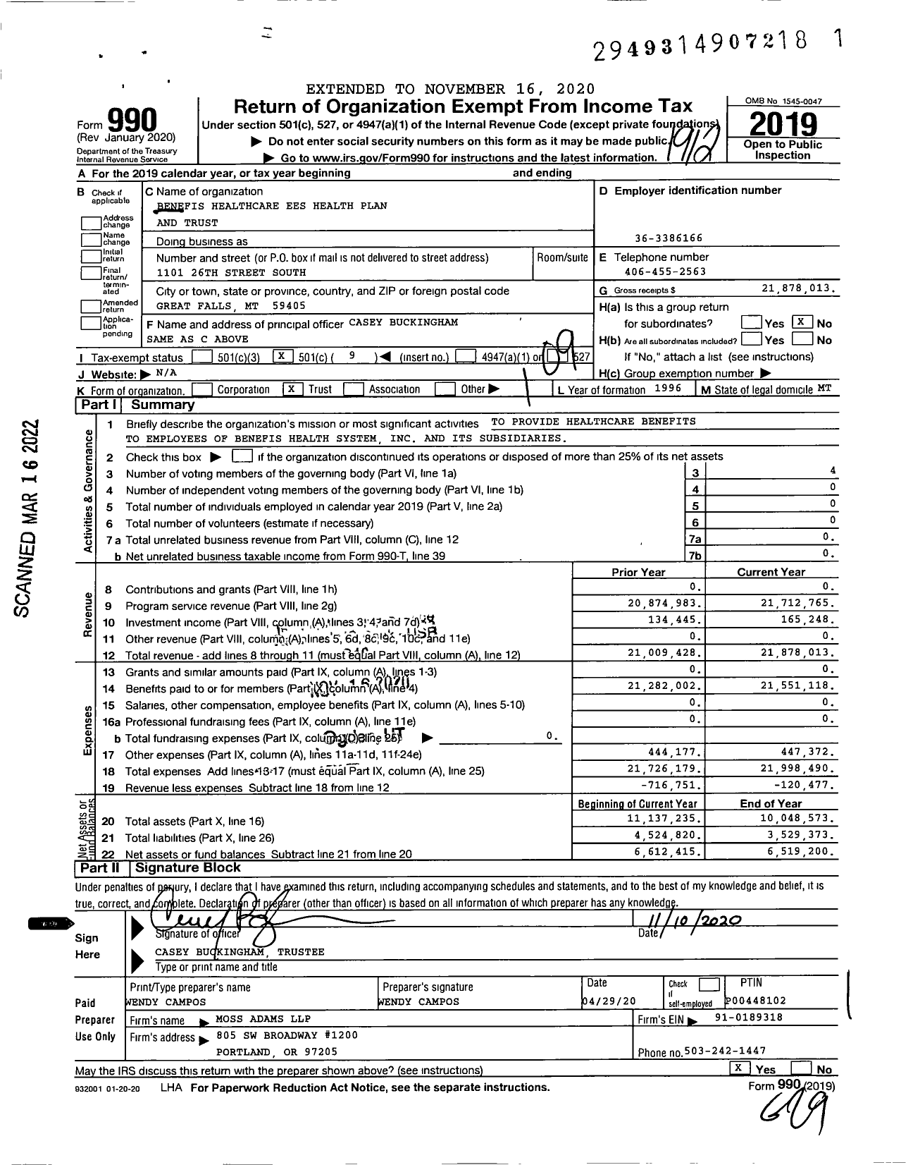 Image of first page of 2019 Form 990O for Benefis Healthcare Ees Health Plan and Trust