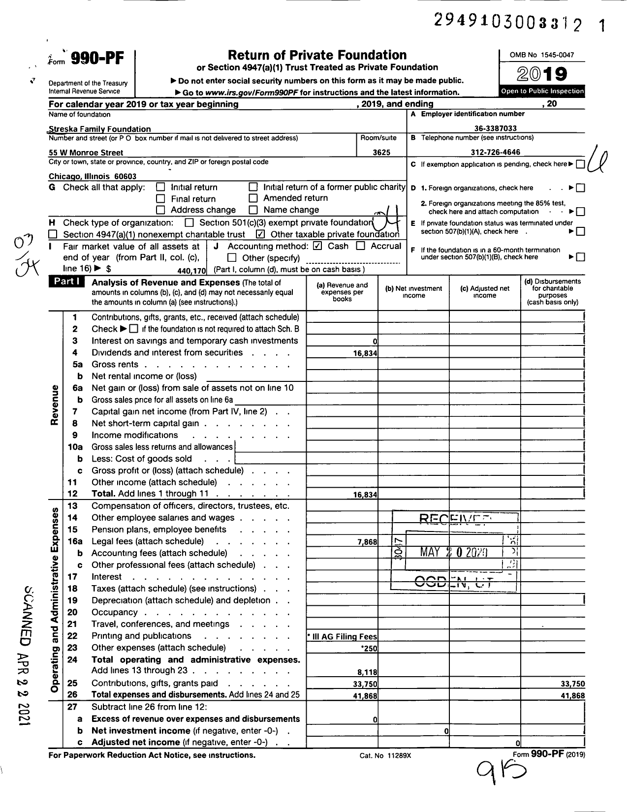 Image of first page of 2019 Form 990PF for Streska Family Foundation