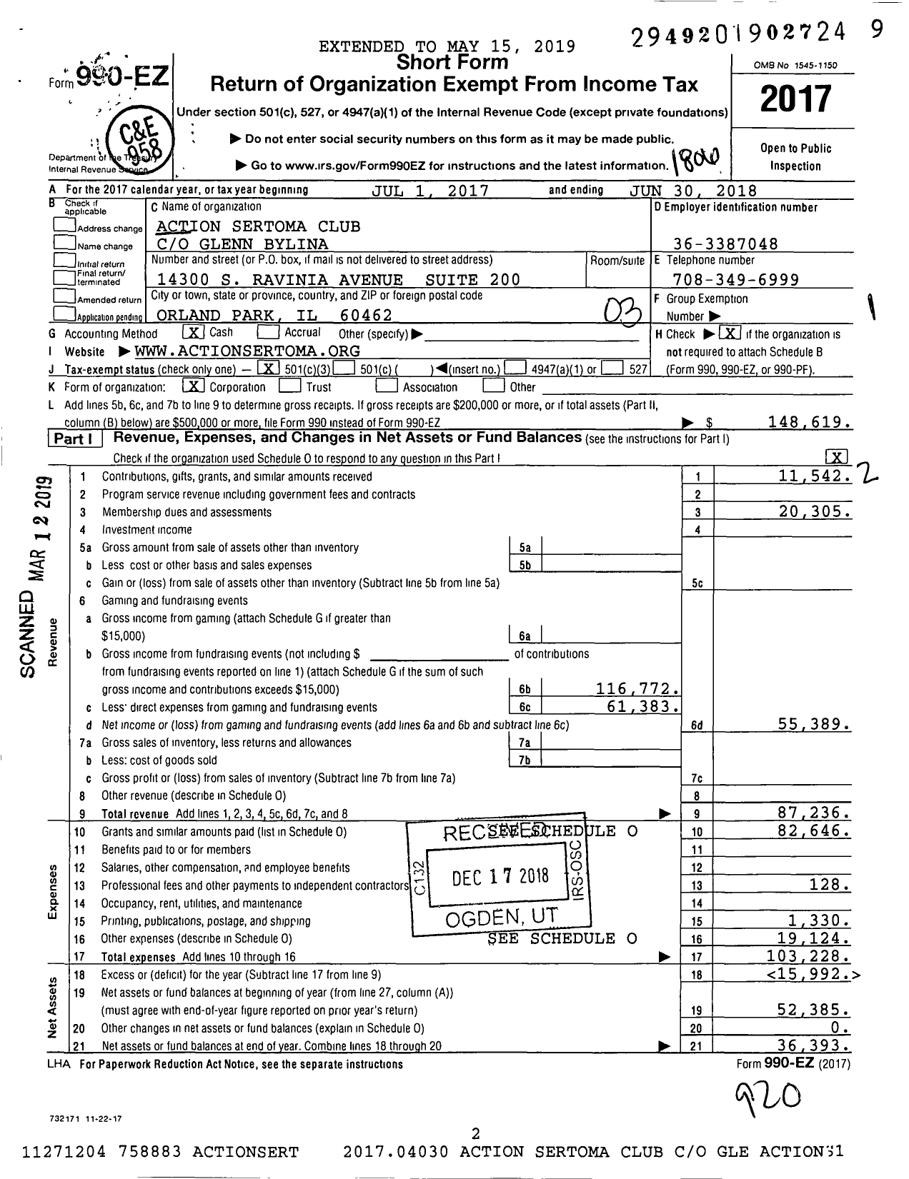 Image of first page of 2017 Form 990EZ for Sertoma - 10590 Action Sertoma Club