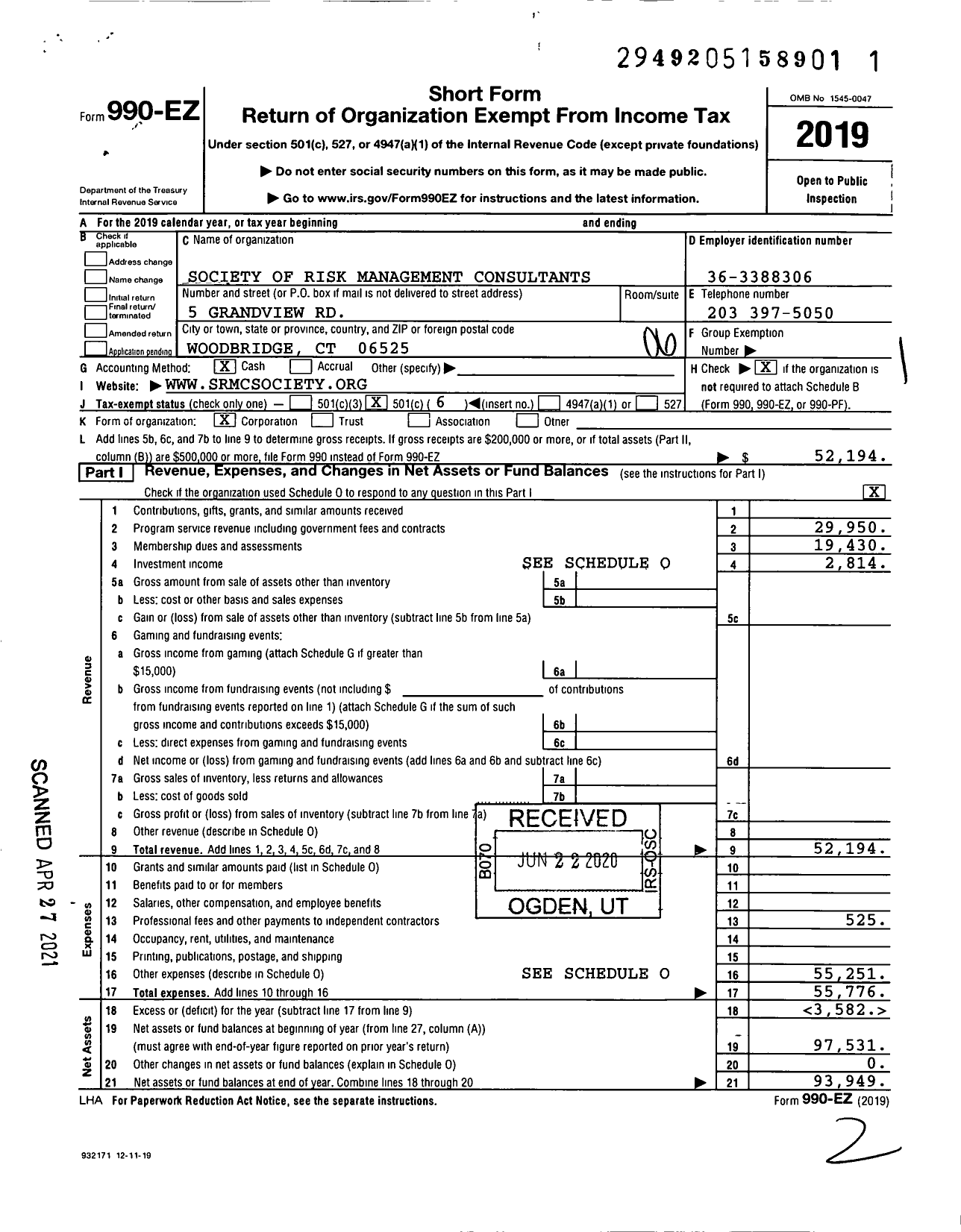 Image of first page of 2019 Form 990EO for Society of Risk Management Consultants