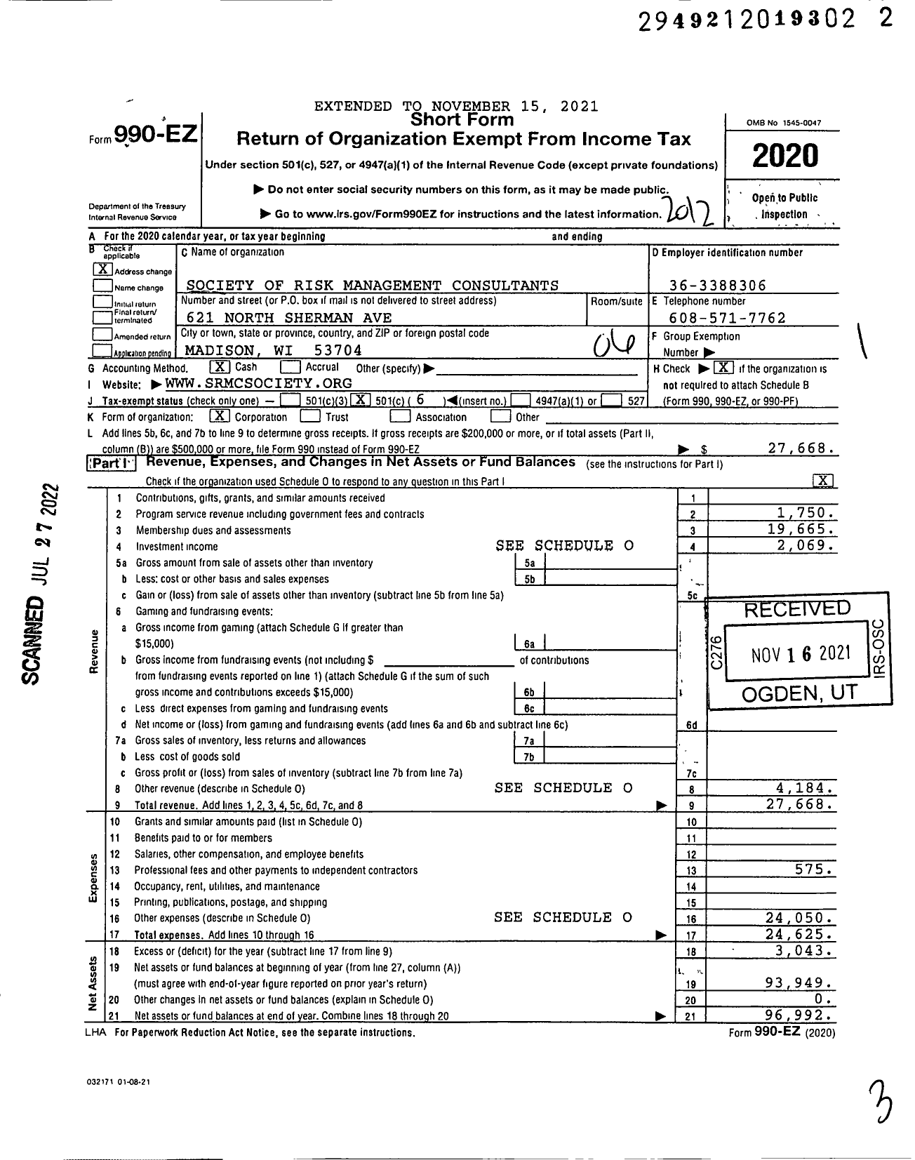 Image of first page of 2020 Form 990EO for Society of Risk Management Consultants