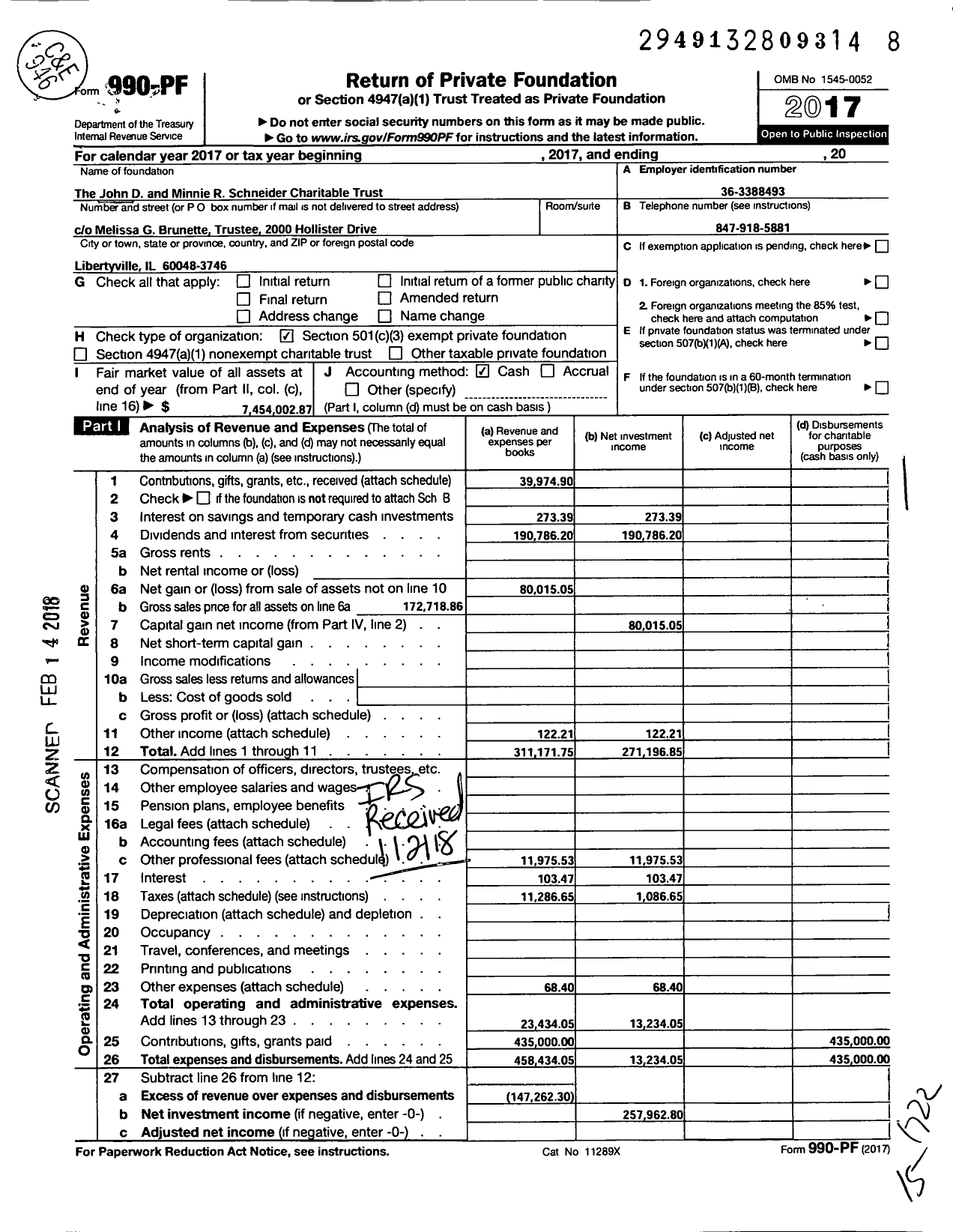 Image of first page of 2017 Form 990PF for The John D and Minnie R Schneider Charitable Trust