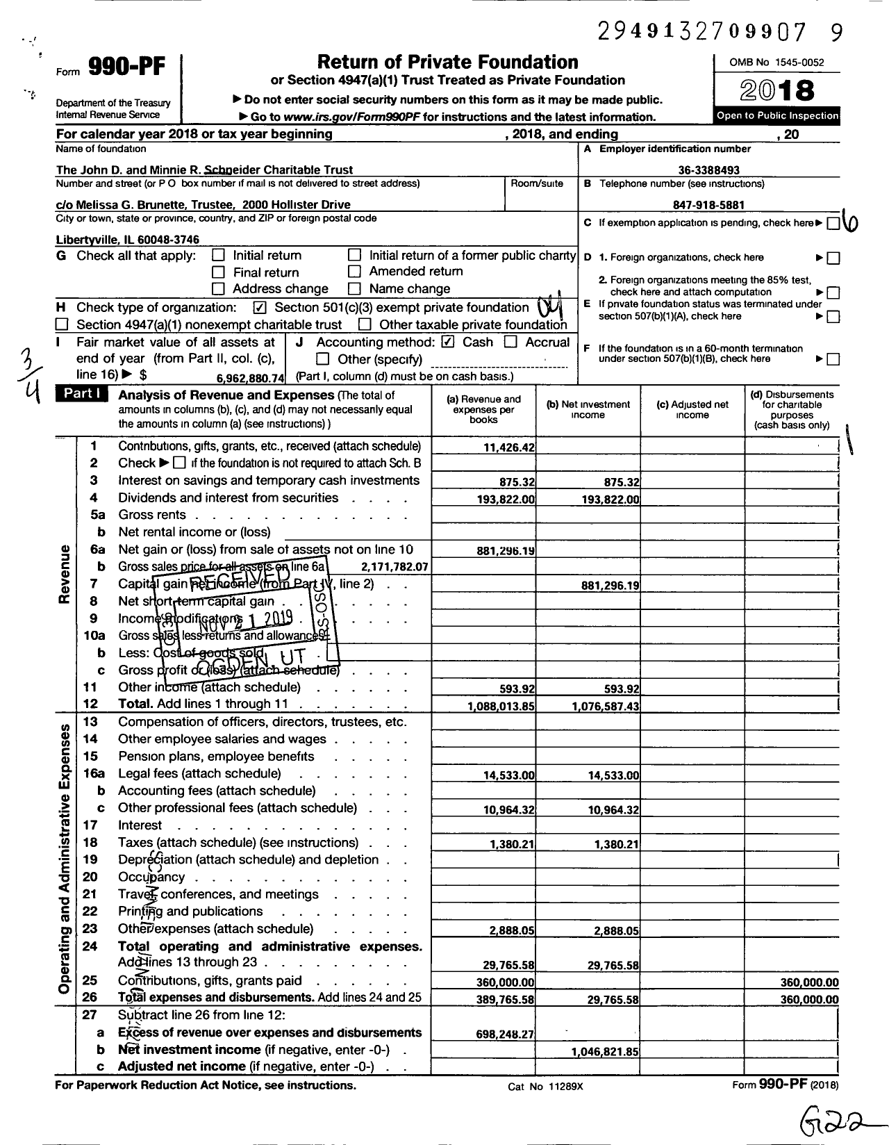 Image of first page of 2018 Form 990PF for The John D and Minnie R Schneider Charitable Trust