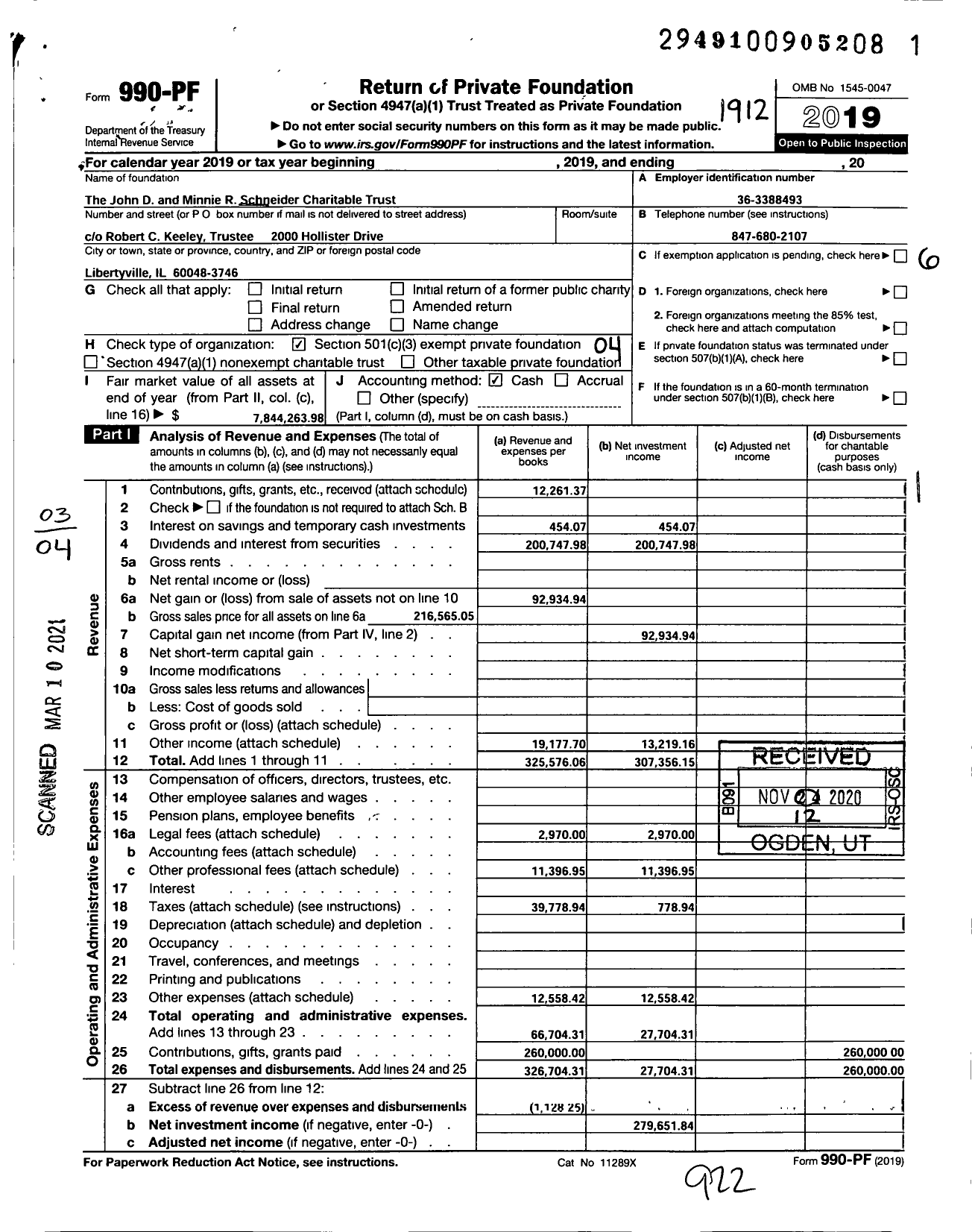 Image of first page of 2019 Form 990PF for The John D and Minnie R Schneider Charitable Trust