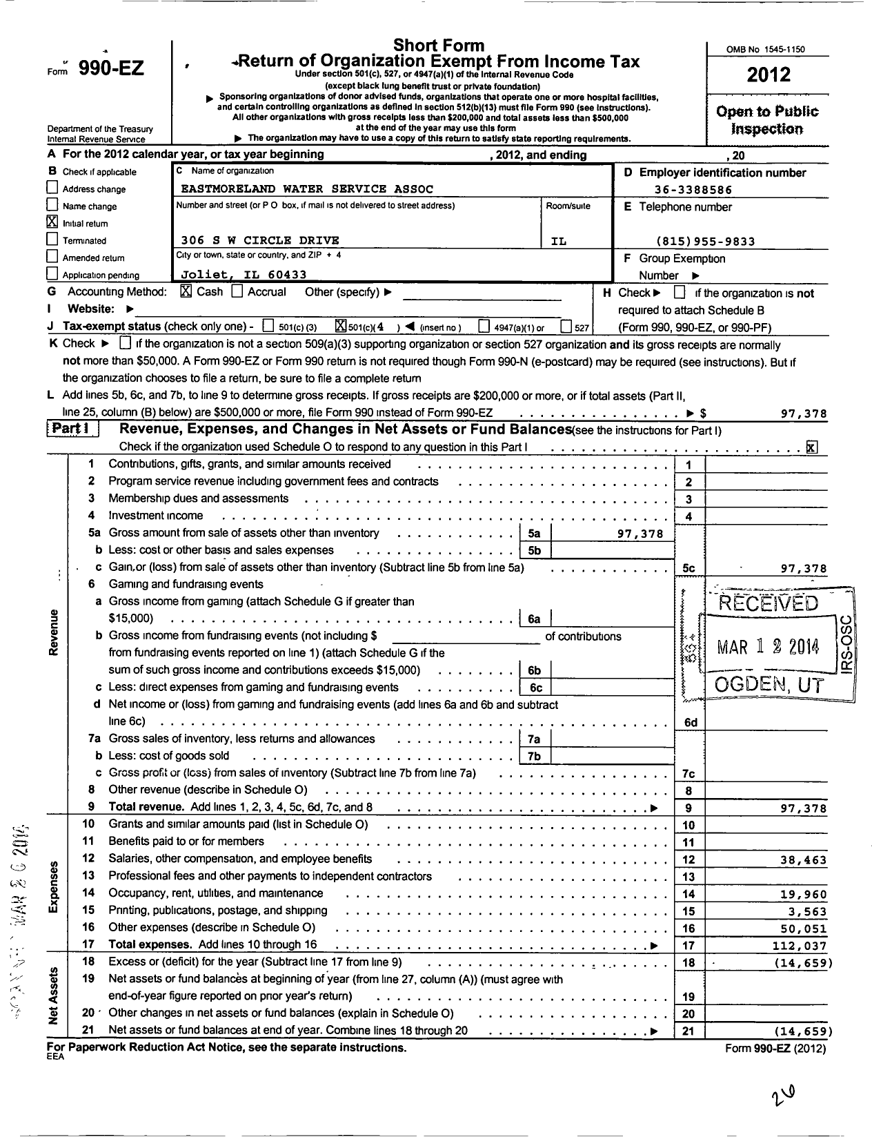 Image of first page of 2012 Form 990EO for Eastmoreland Water Service Association