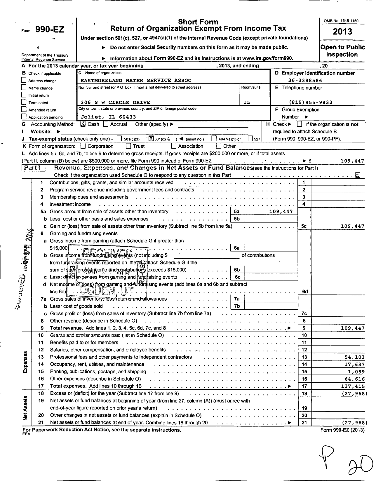 Image of first page of 2013 Form 990EO for Eastmoreland Water Service Association