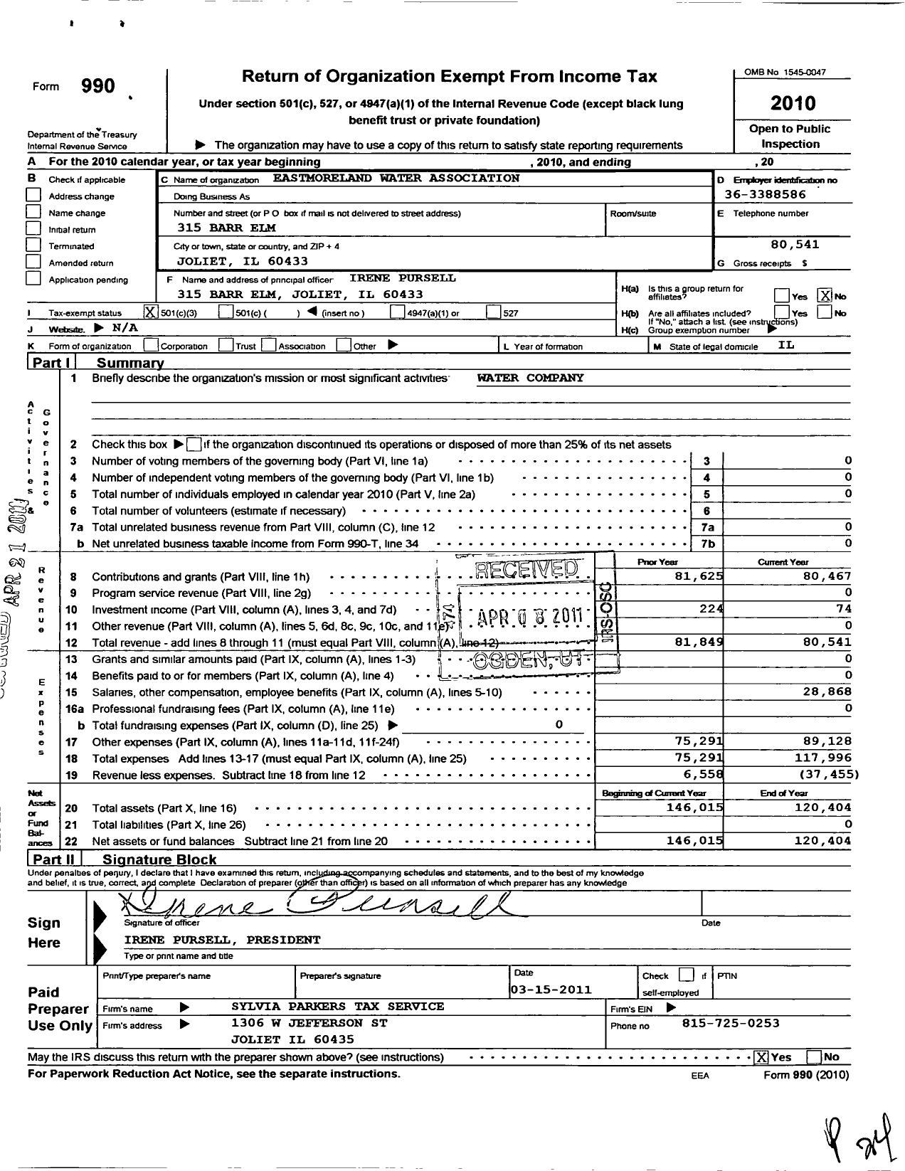 Image of first page of 2010 Form 990 for Eastmoreland Water Service Association