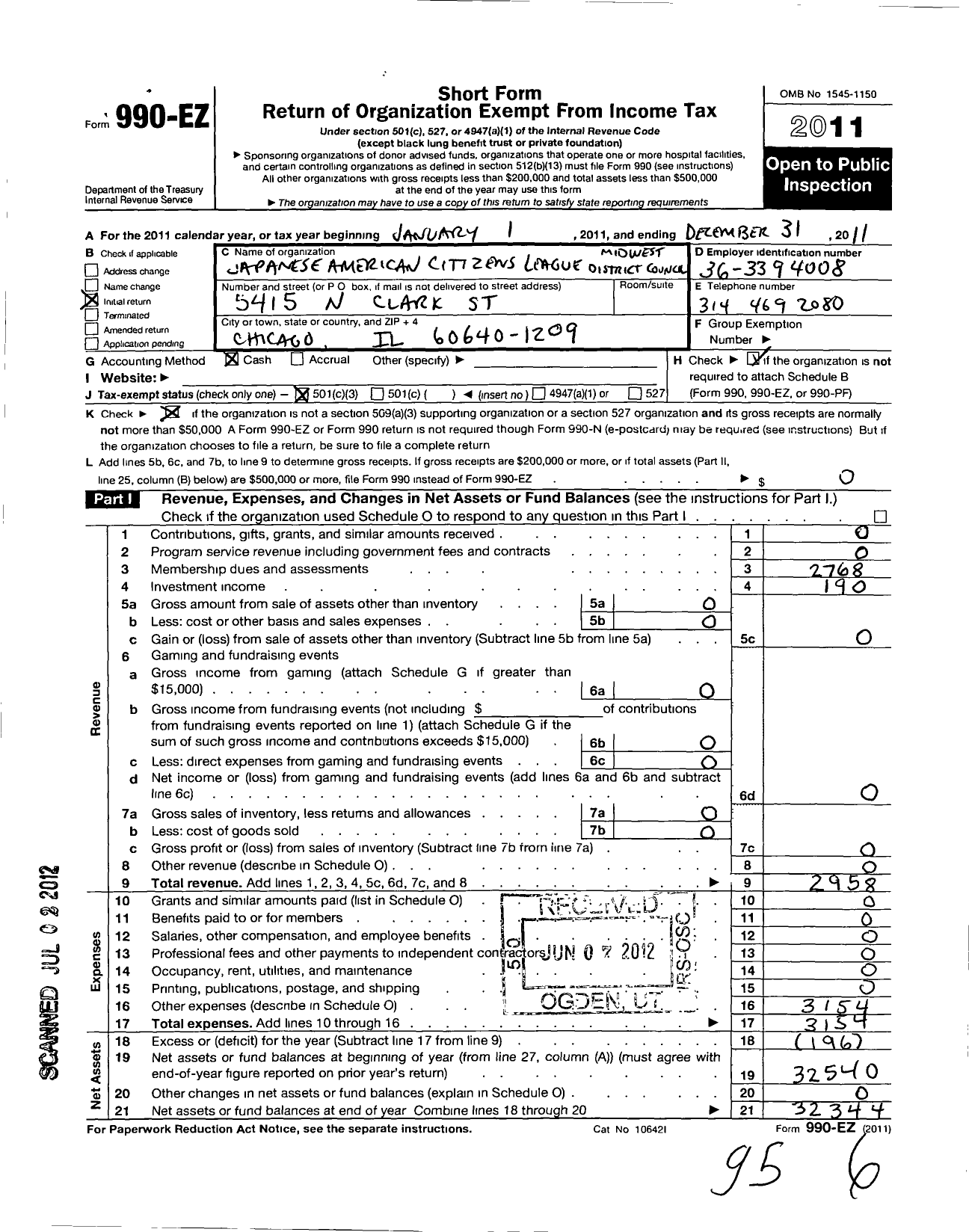 Image of first page of 2011 Form 990EZ for Japanese American Citizens League / Midwest District Council