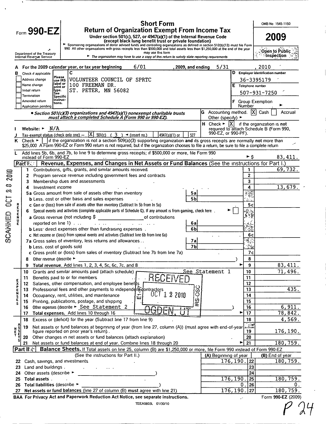 Image of first page of 2009 Form 990EZ for Volunteer Council of St Peter Regional Treatment Center