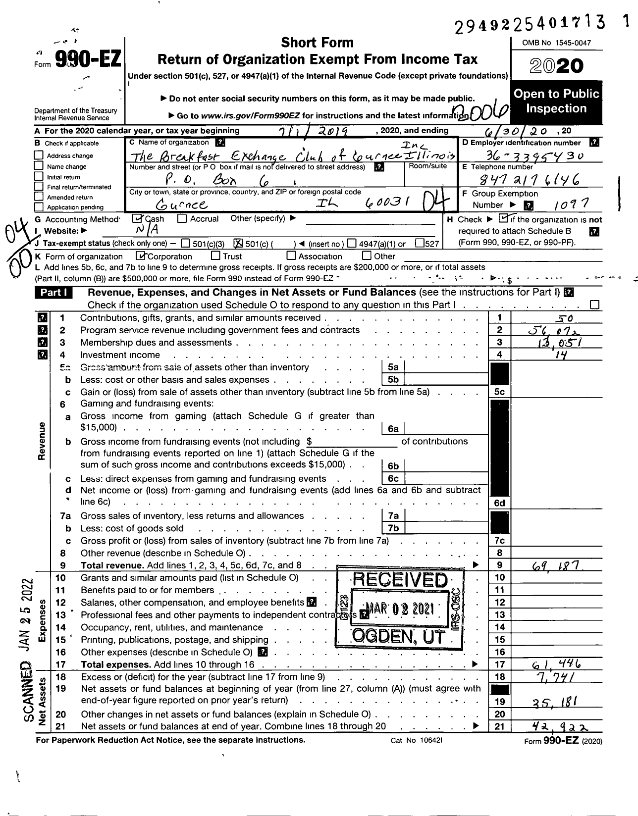 Image of first page of 2019 Form 990EO for National Exchange Club - 1435 BR XC of Gurnee Il