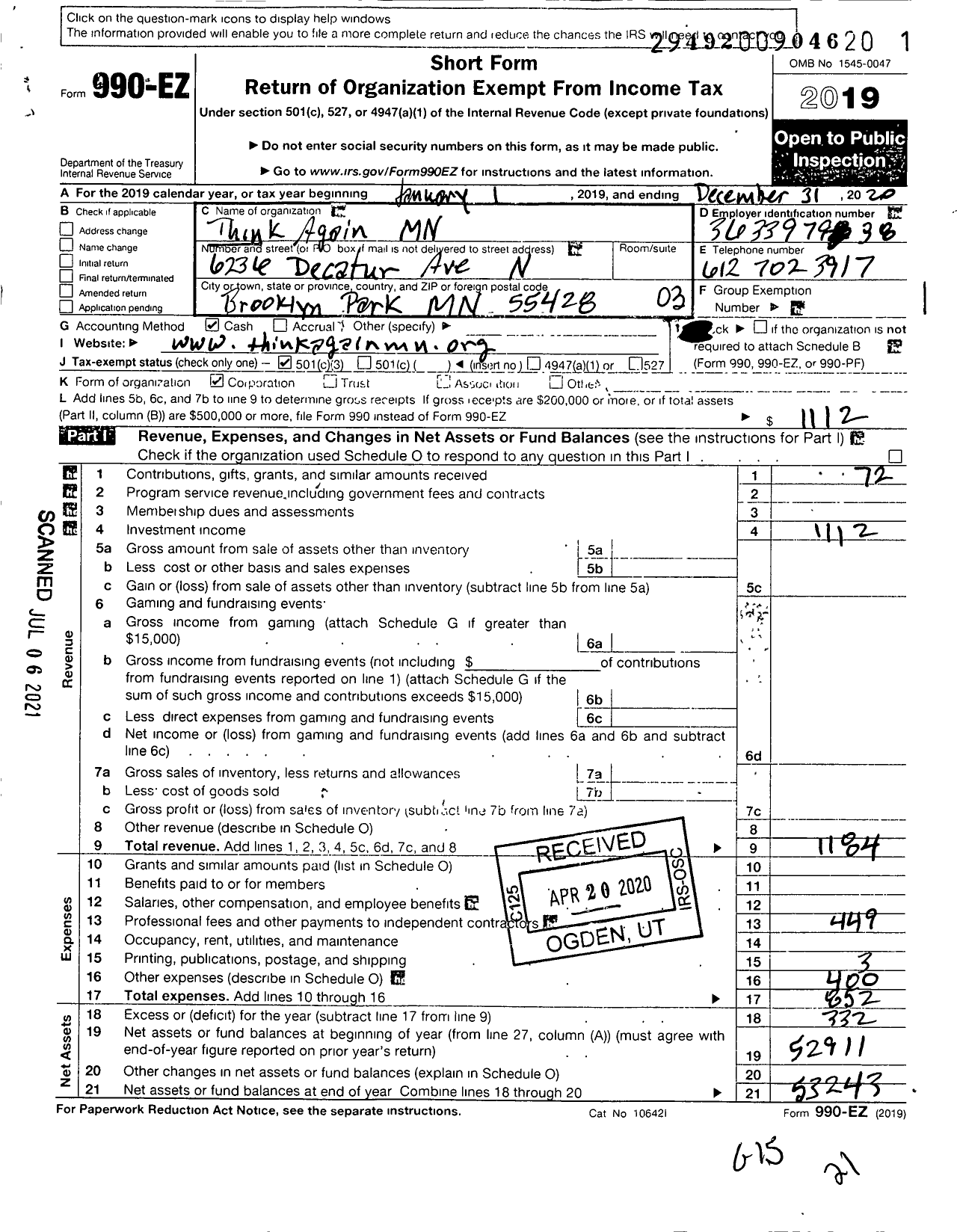 Image of first page of 2020 Form 990EZ for Think Again MN