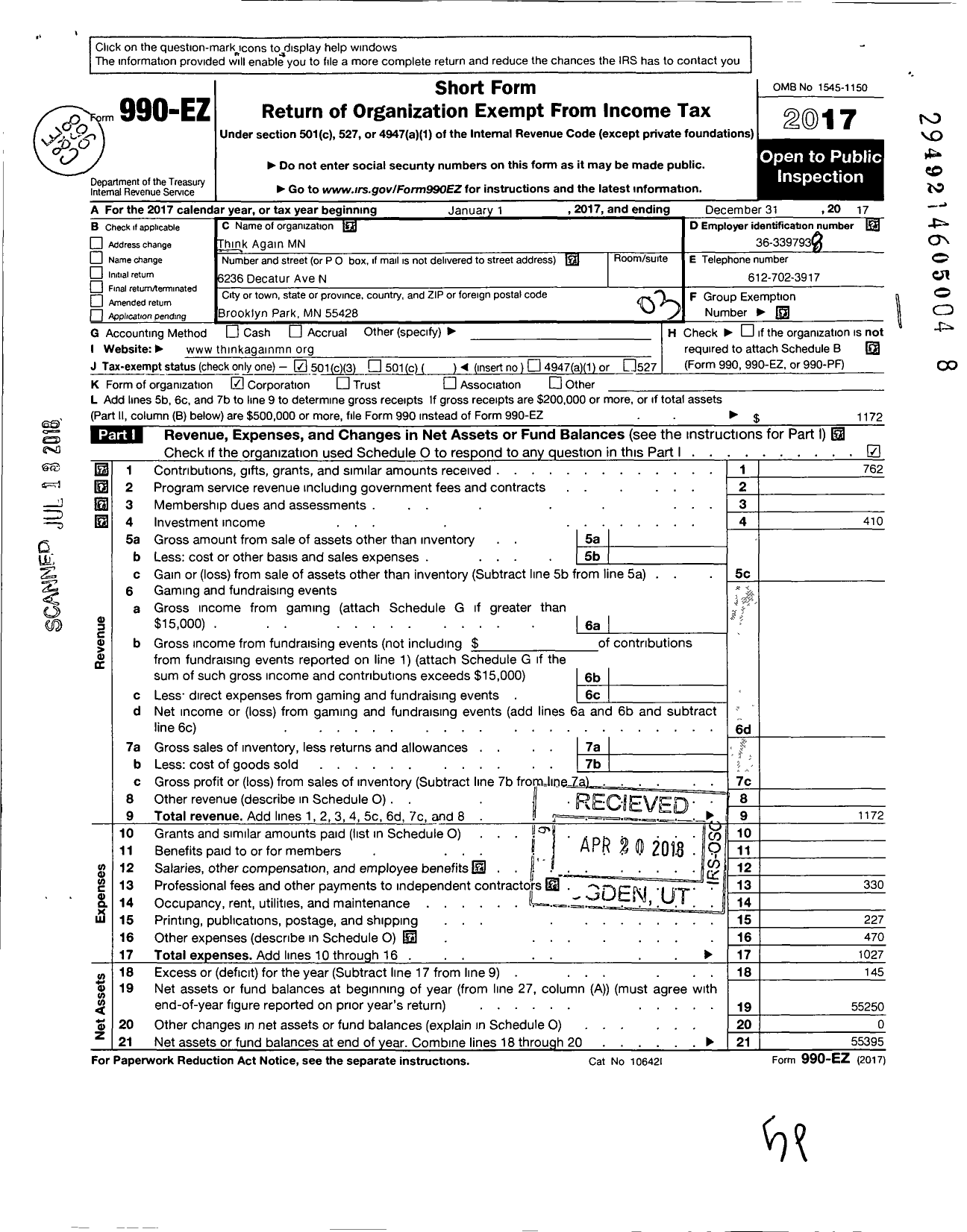 Image of first page of 2017 Form 990EZ for Think Again MN