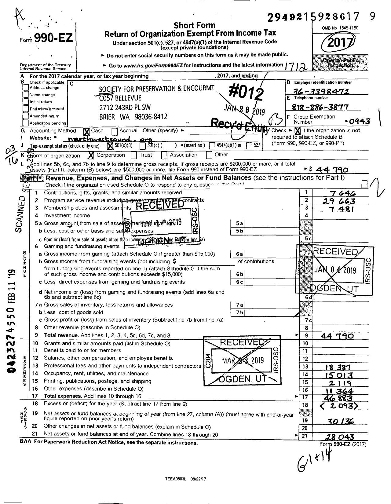 Image of first page of 2017 Form 990EZ for Barbershop Harmony Society - C057 Bellevue