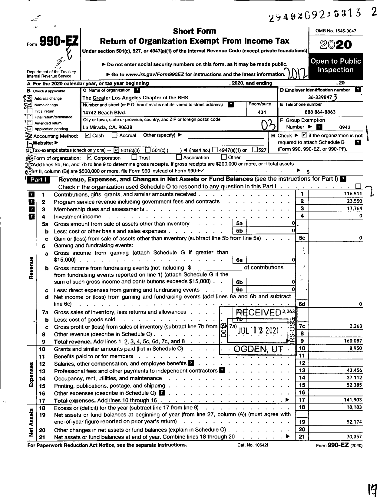 Image of first page of 2020 Form 990EZ for Barbershop Harmony Society - Masters of Harmony