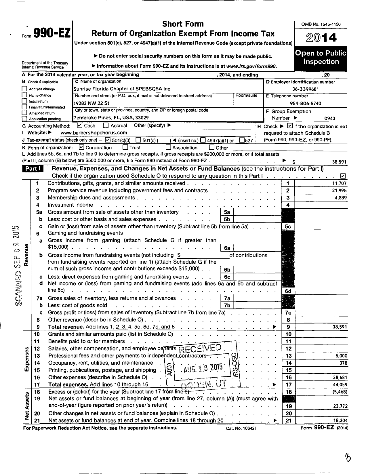 Image of first page of 2014 Form 990EZ for Barbershop Harmony Society - P027 Sunrise Chapter