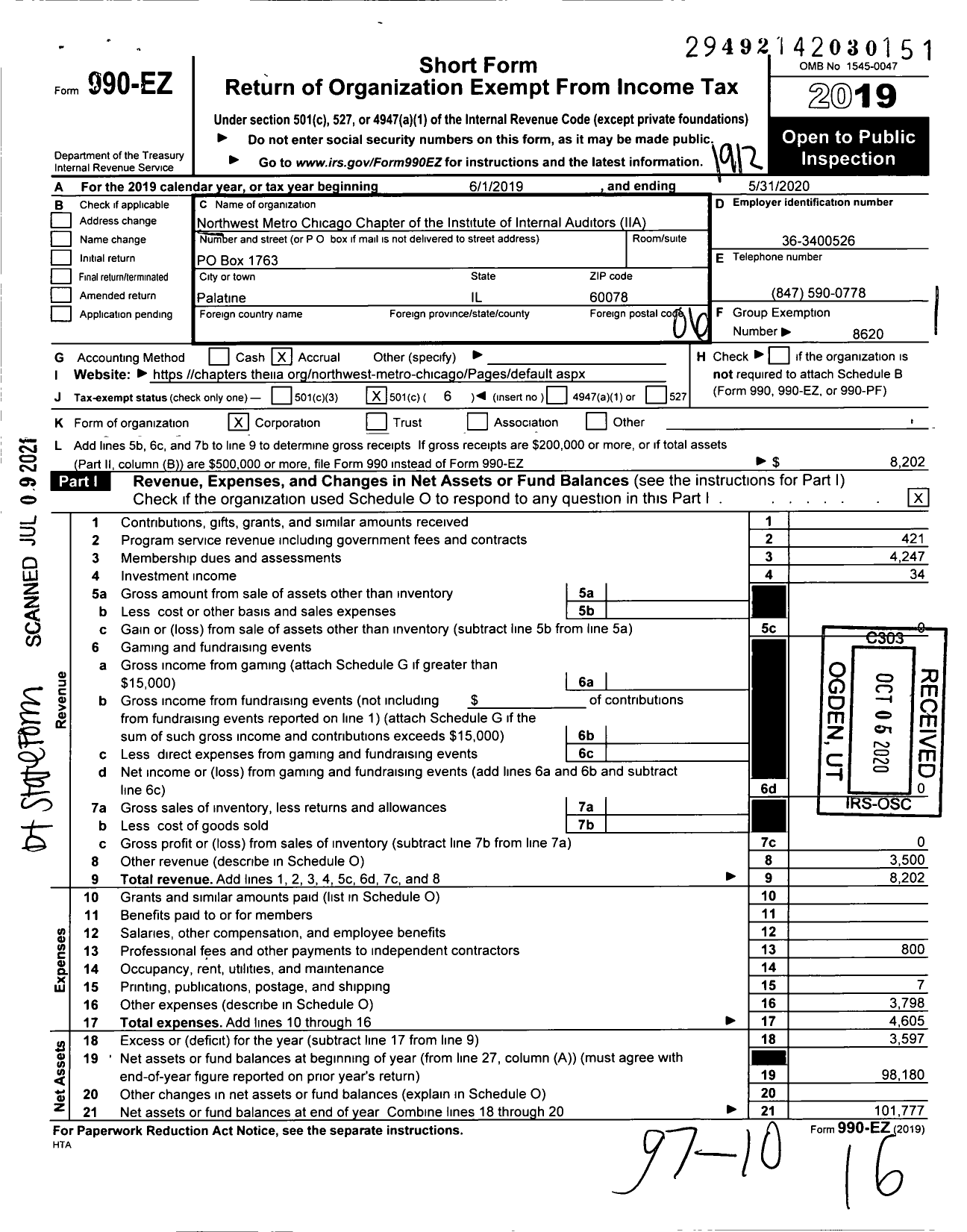 Image of first page of 2019 Form 990EO for Institute of Internal Auditors Northwest Metro Chapter