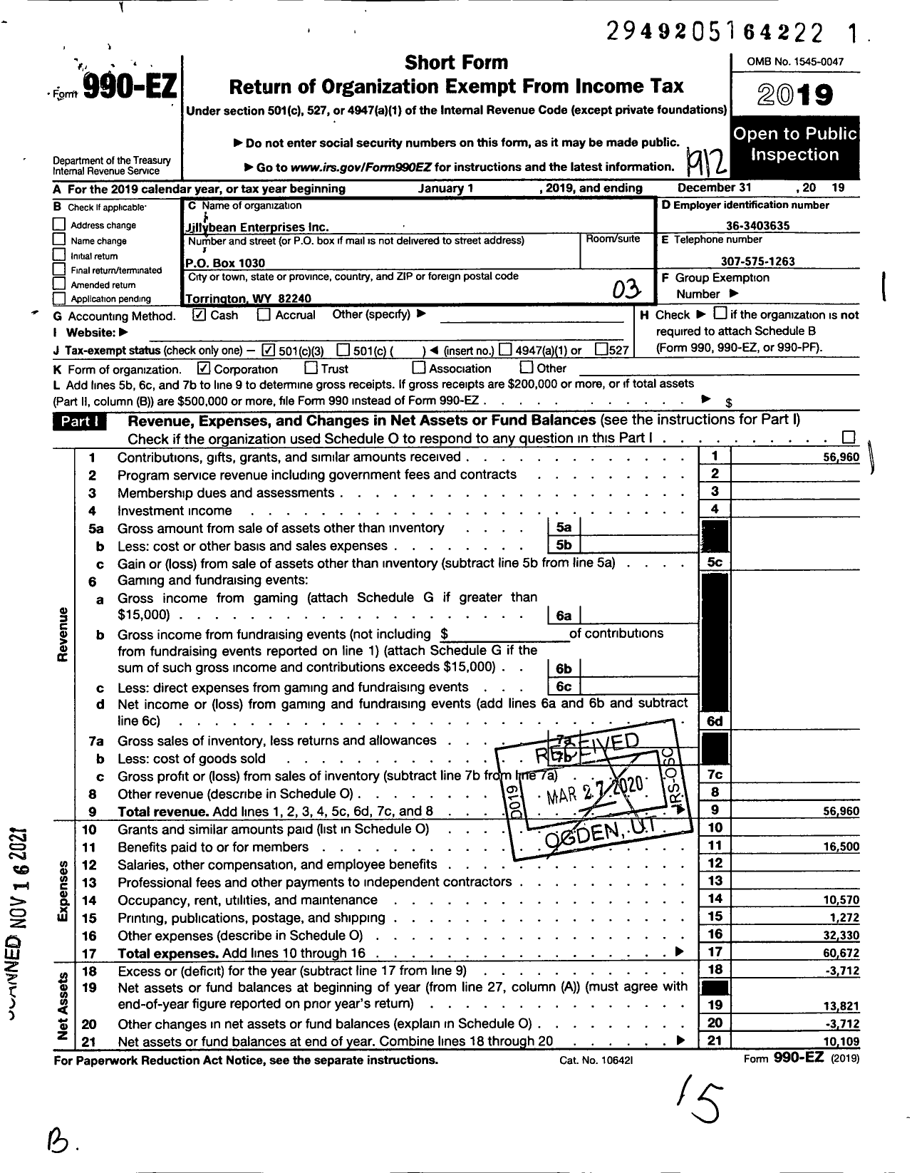 Image of first page of 2019 Form 990EZ for Jillybean Enterprises