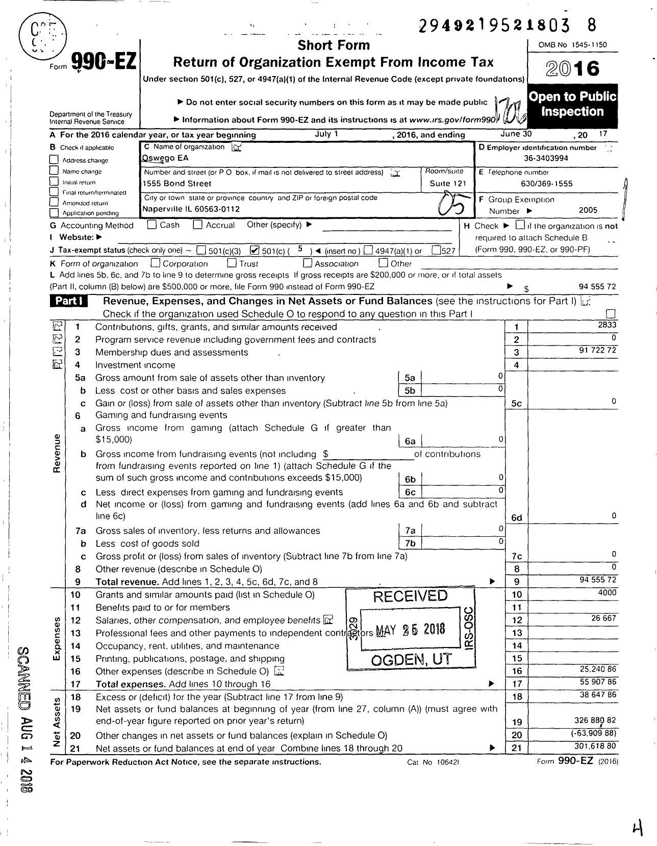 Image of first page of 2016 Form 990EO for Illinois Education Association - Oswego Ea