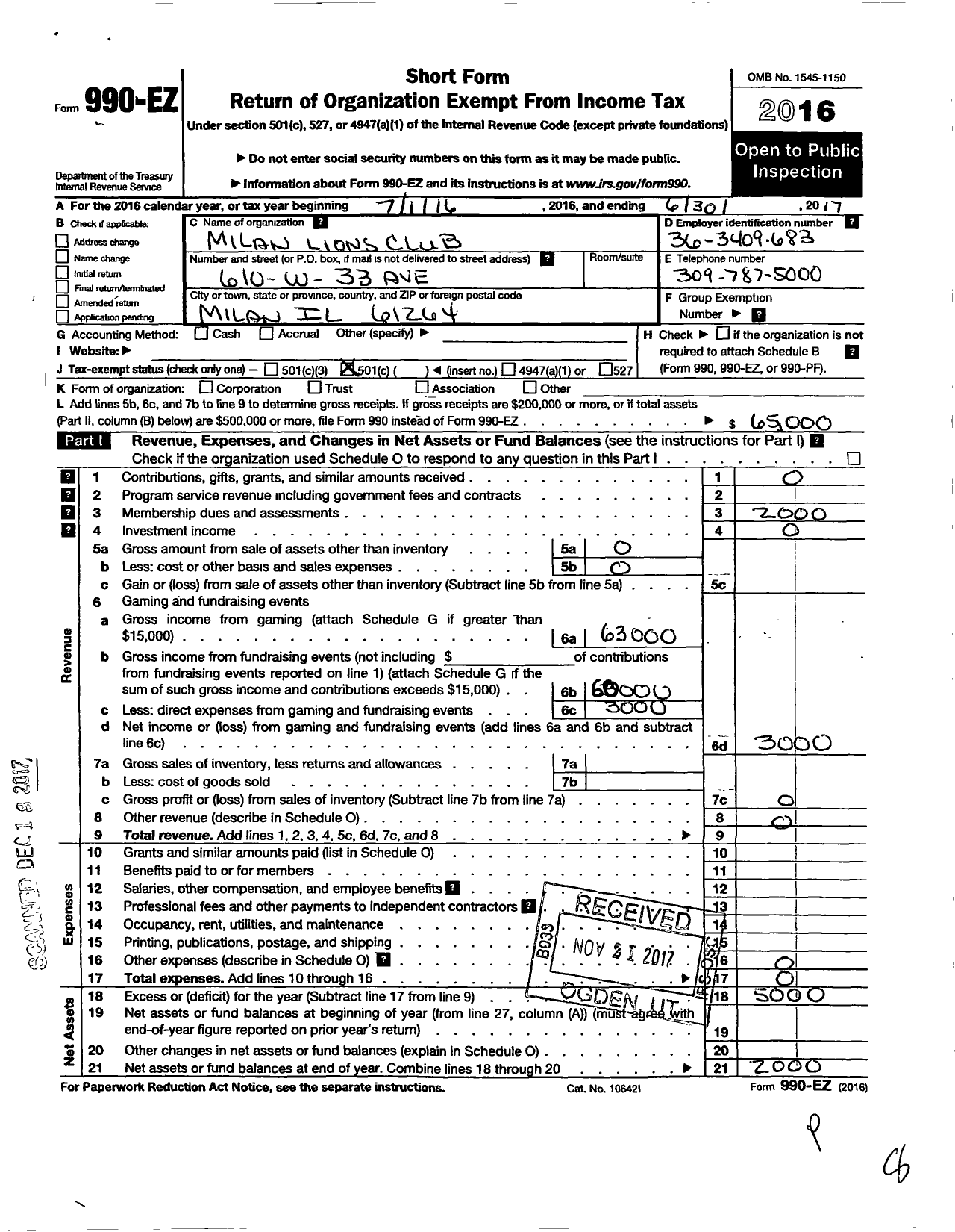 Image of first page of 2016 Form 990EO for Lions Clubs - 39332 Milan