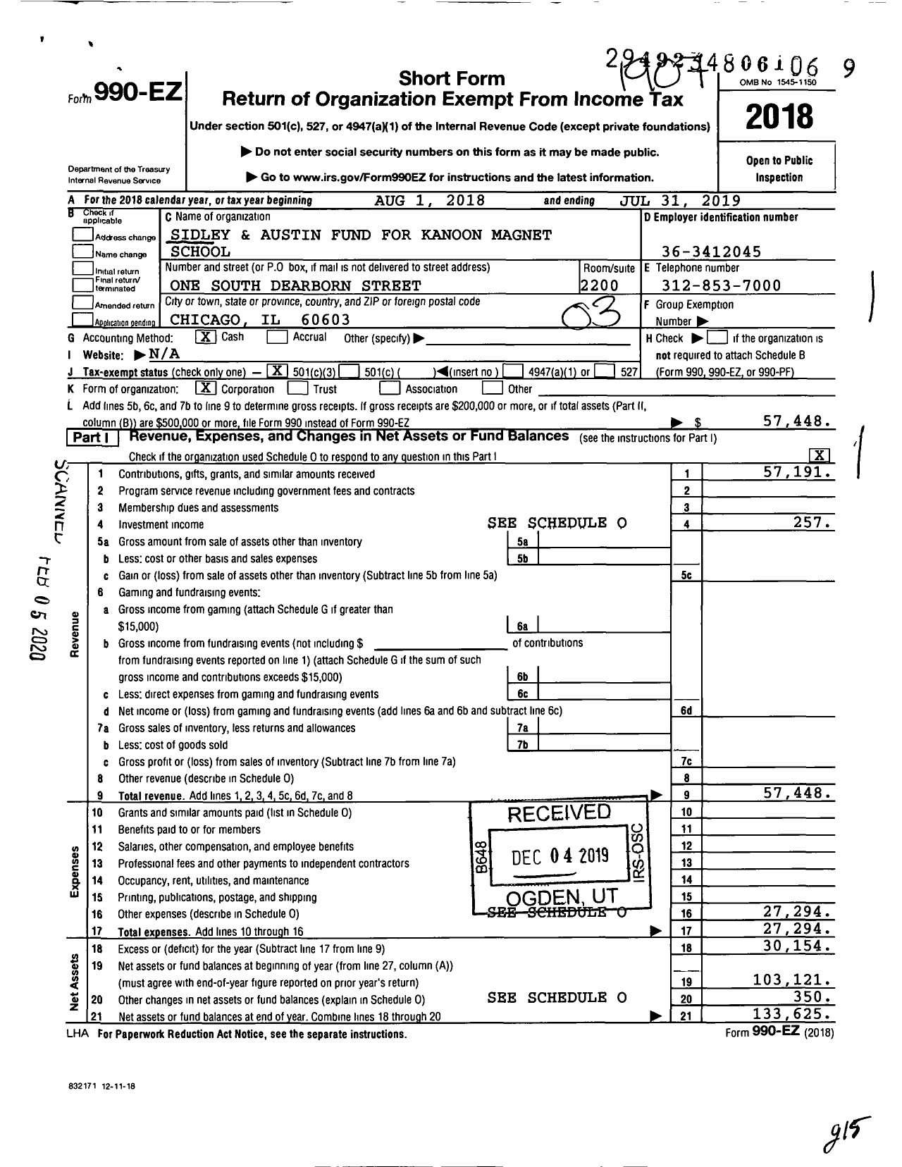 Image of first page of 2018 Form 990EZ for Sidley and Austin Fund for Kanoon Magnet School