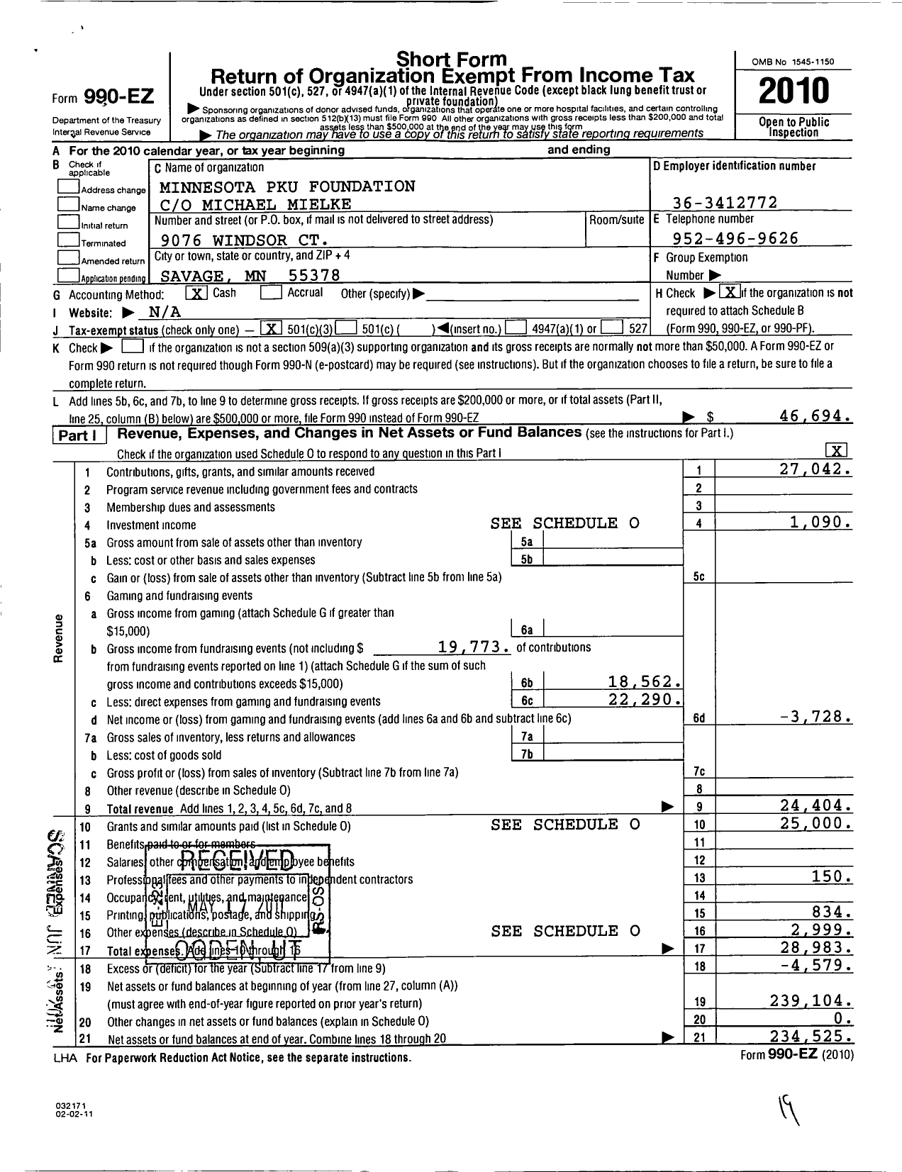Image of first page of 2010 Form 990EZ for Minnesota PKU Foundation