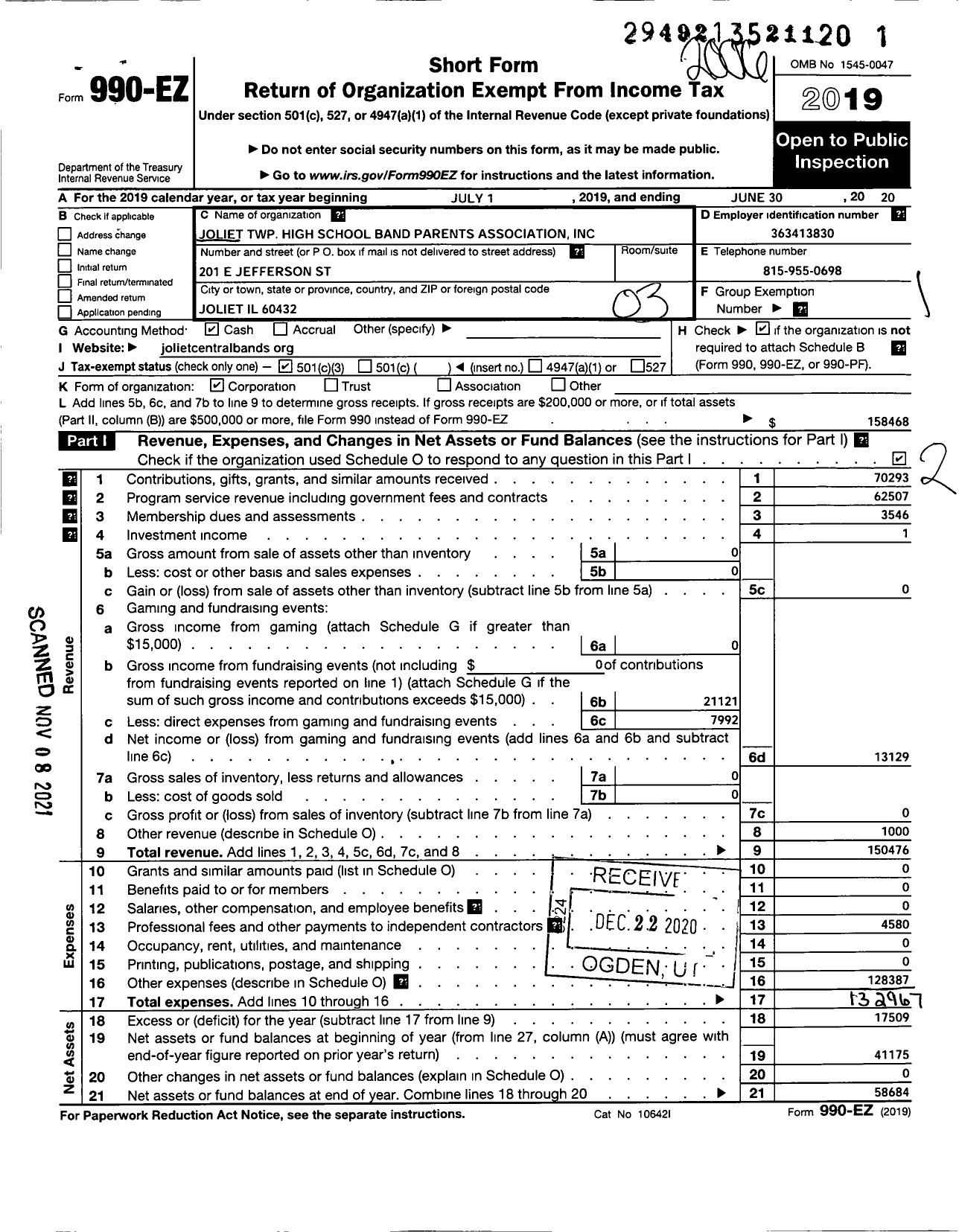 Image of first page of 2019 Form 990EZ for Joliet Township High School Band Parents Association