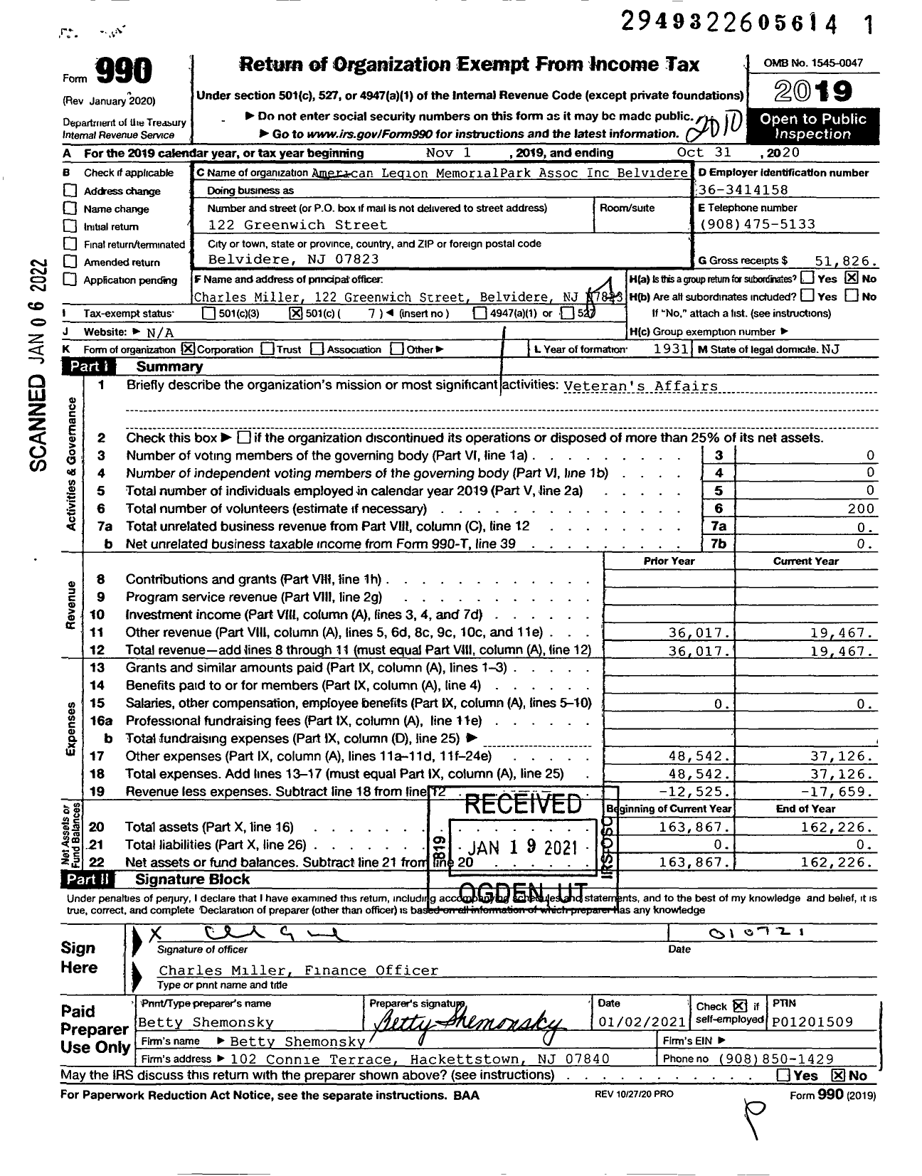 Image of first page of 2019 Form 990O for American Legion Memorial Park Association Belvidere