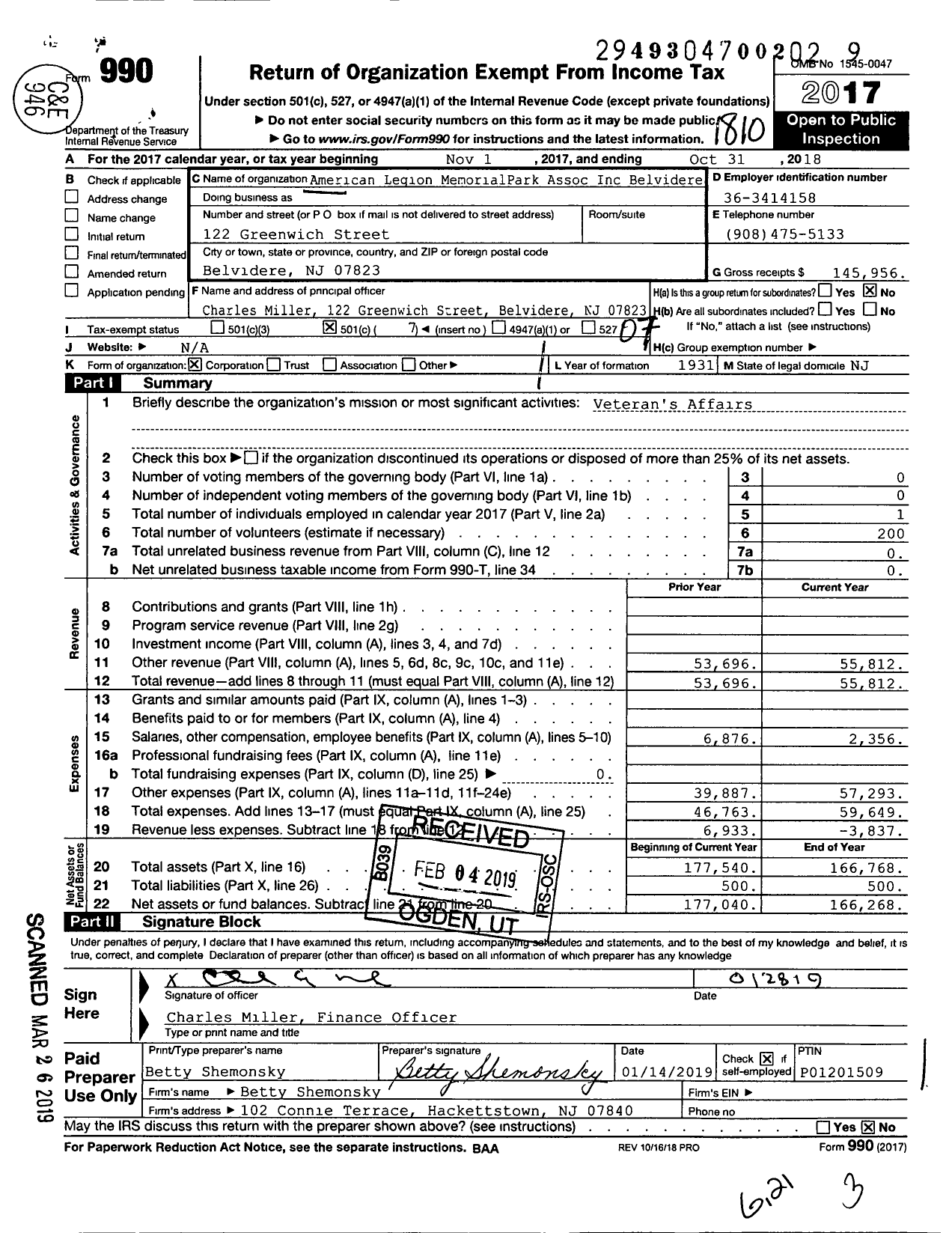 Image of first page of 2017 Form 990O for American Legion Memorial Park Association Belvidere