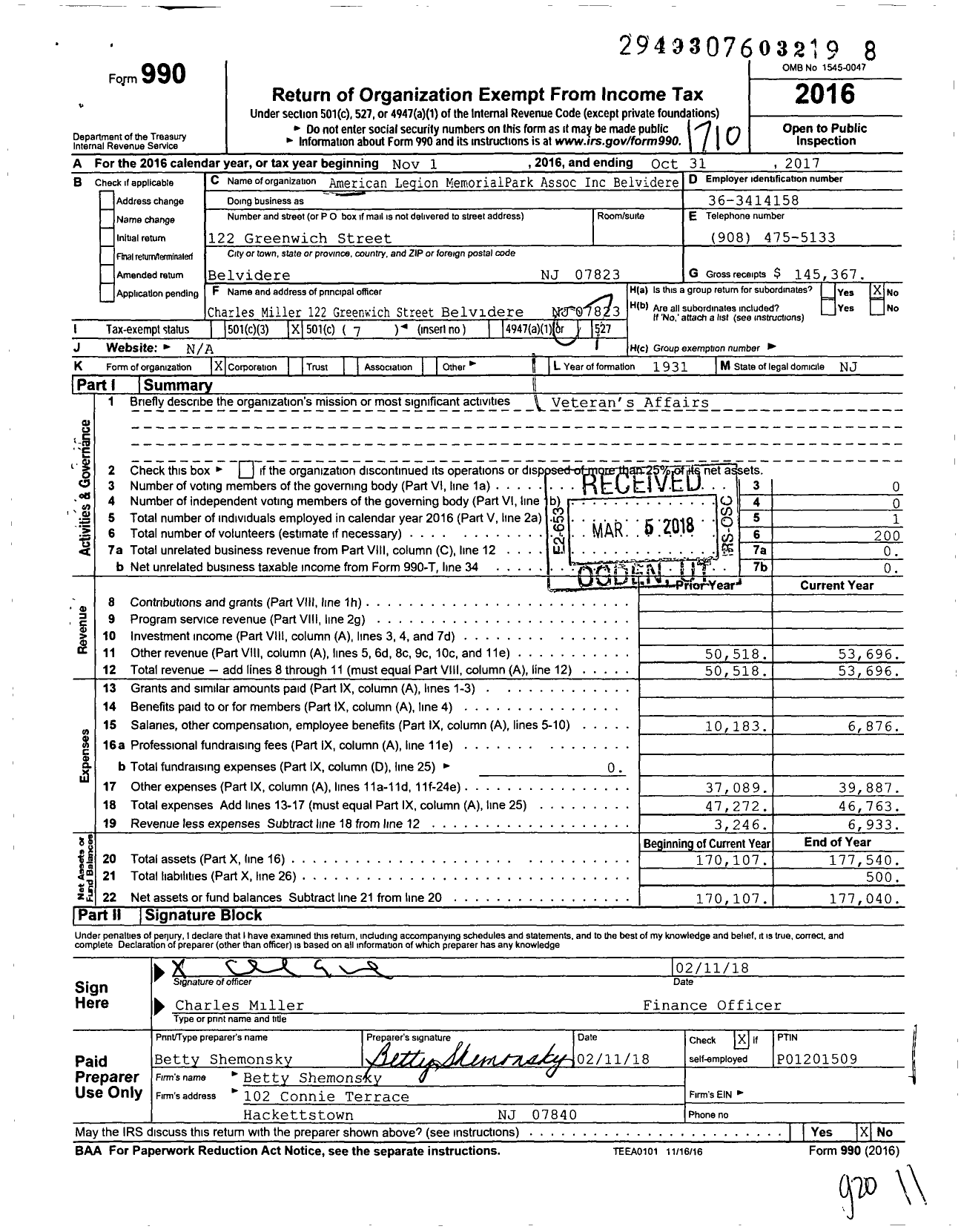 Image of first page of 2016 Form 990O for American Legion Memorial Park Association Belvidere