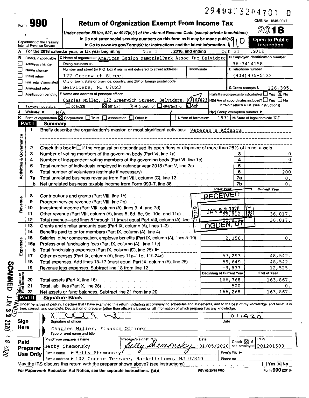 Image of first page of 2018 Form 990O for American Legion Memorial Park Association Belvidere