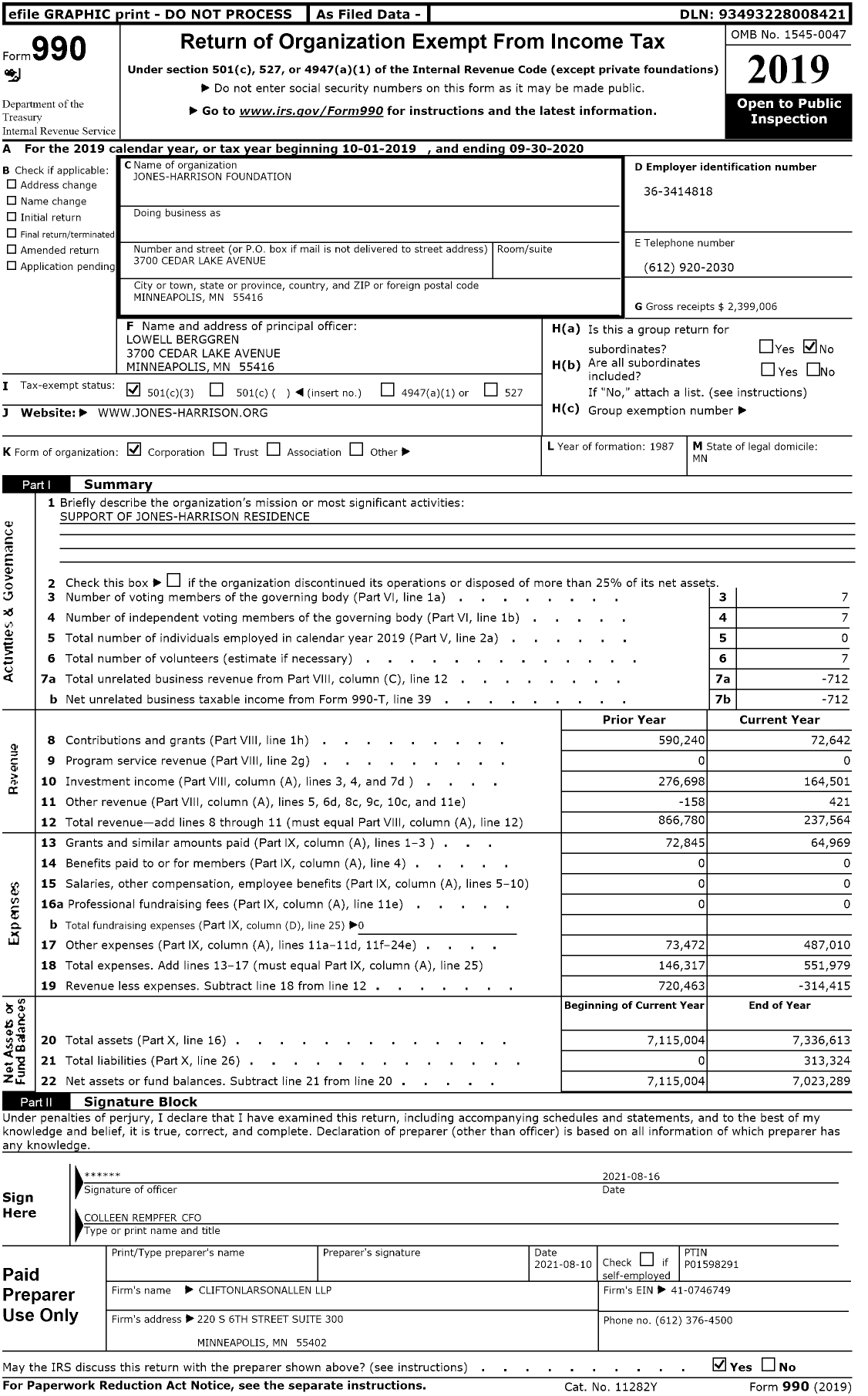 Image of first page of 2019 Form 990 for Jones-Harrison Foundation