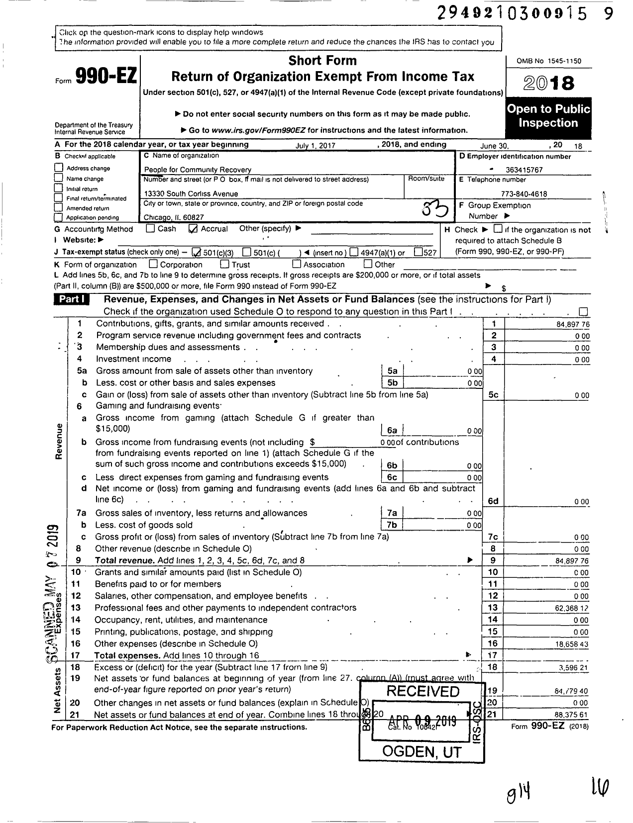 Image of first page of 2017 Form 990EZ for People for Community Recovery